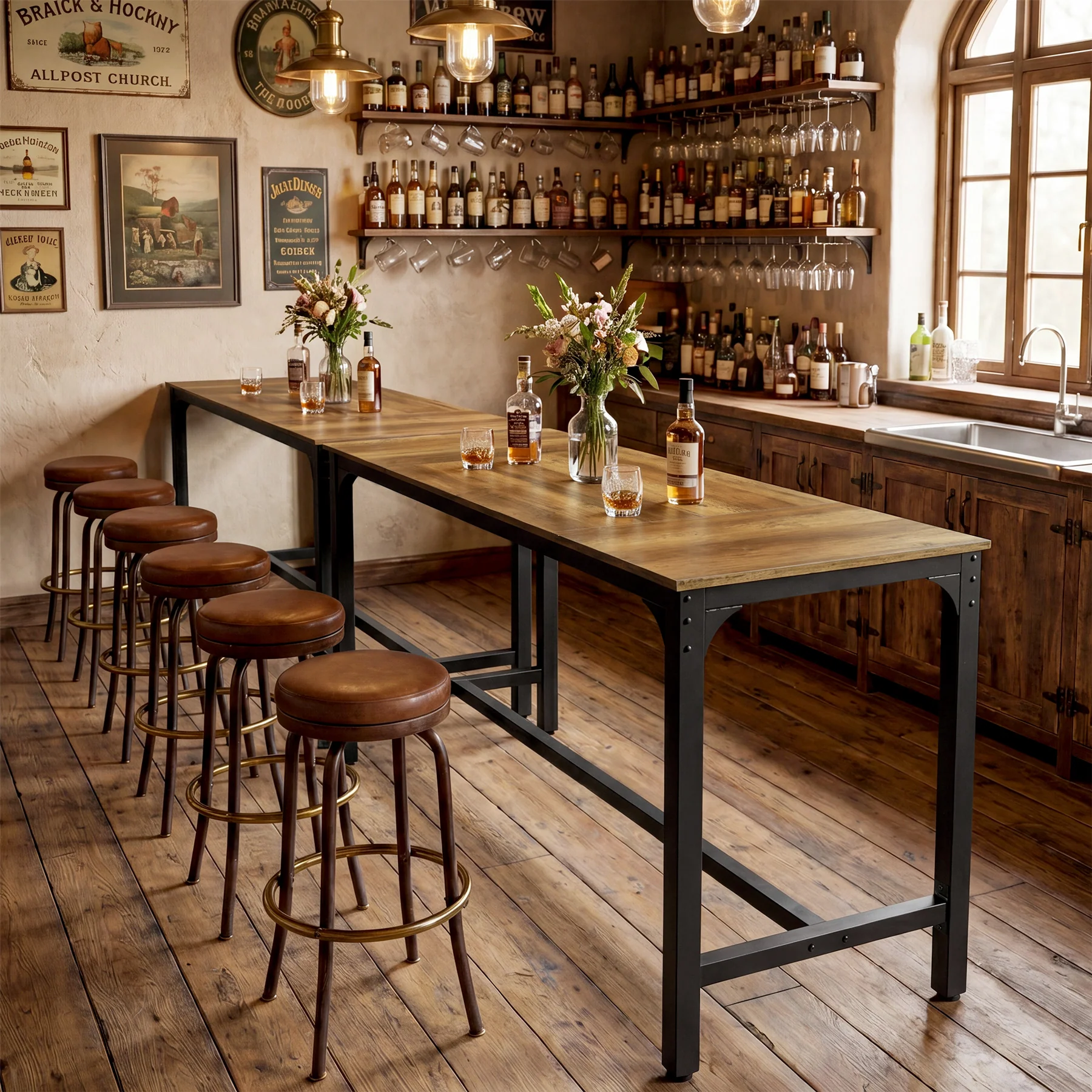 70.9 Inch Industrial Bar Table with Metal Footrest, Counter Height Pub Table for Dining Room and Home Bar - Image 9