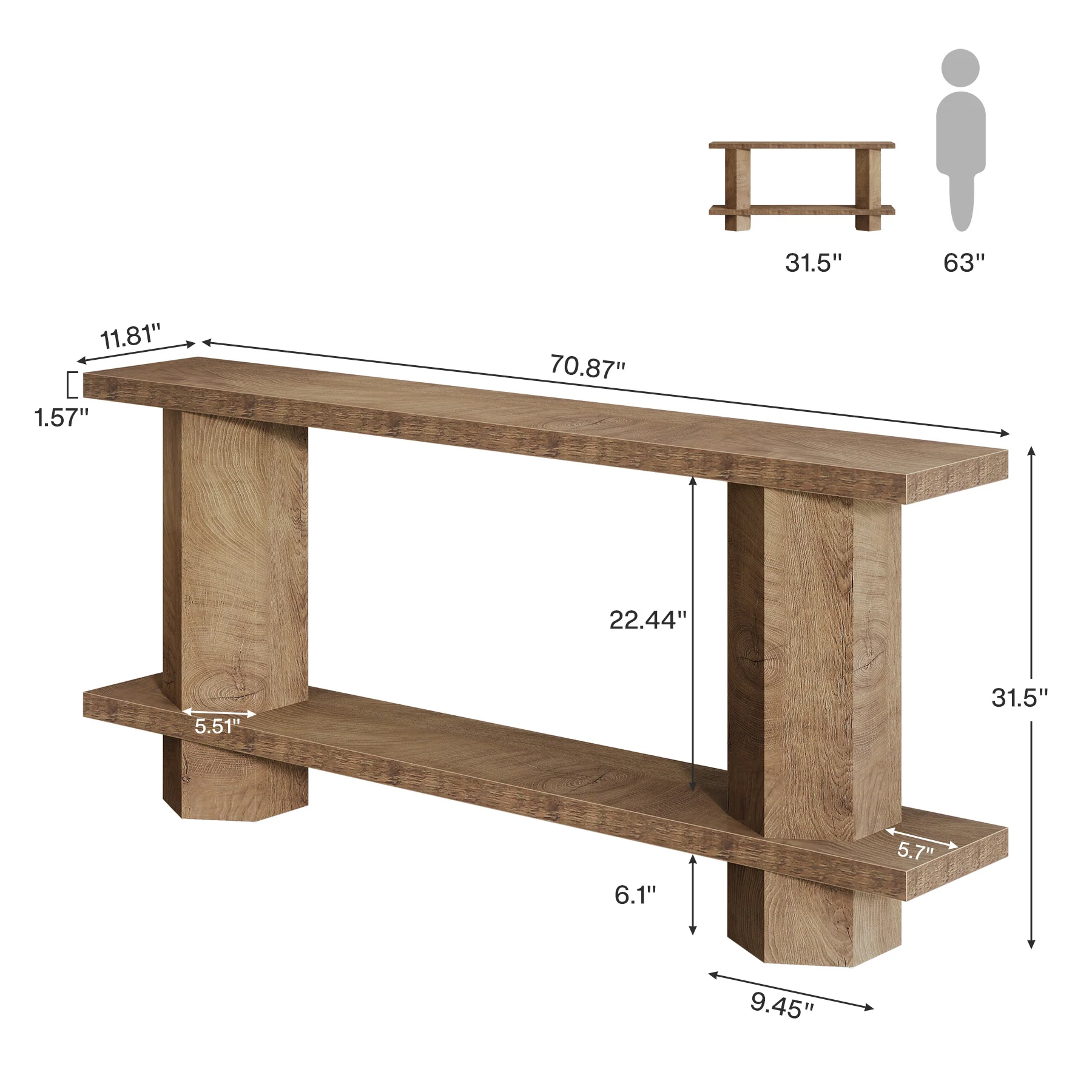 70.87-Inch Wooden Console Table for Entryway, Long Sofa Table Behind Couch - Image 2
