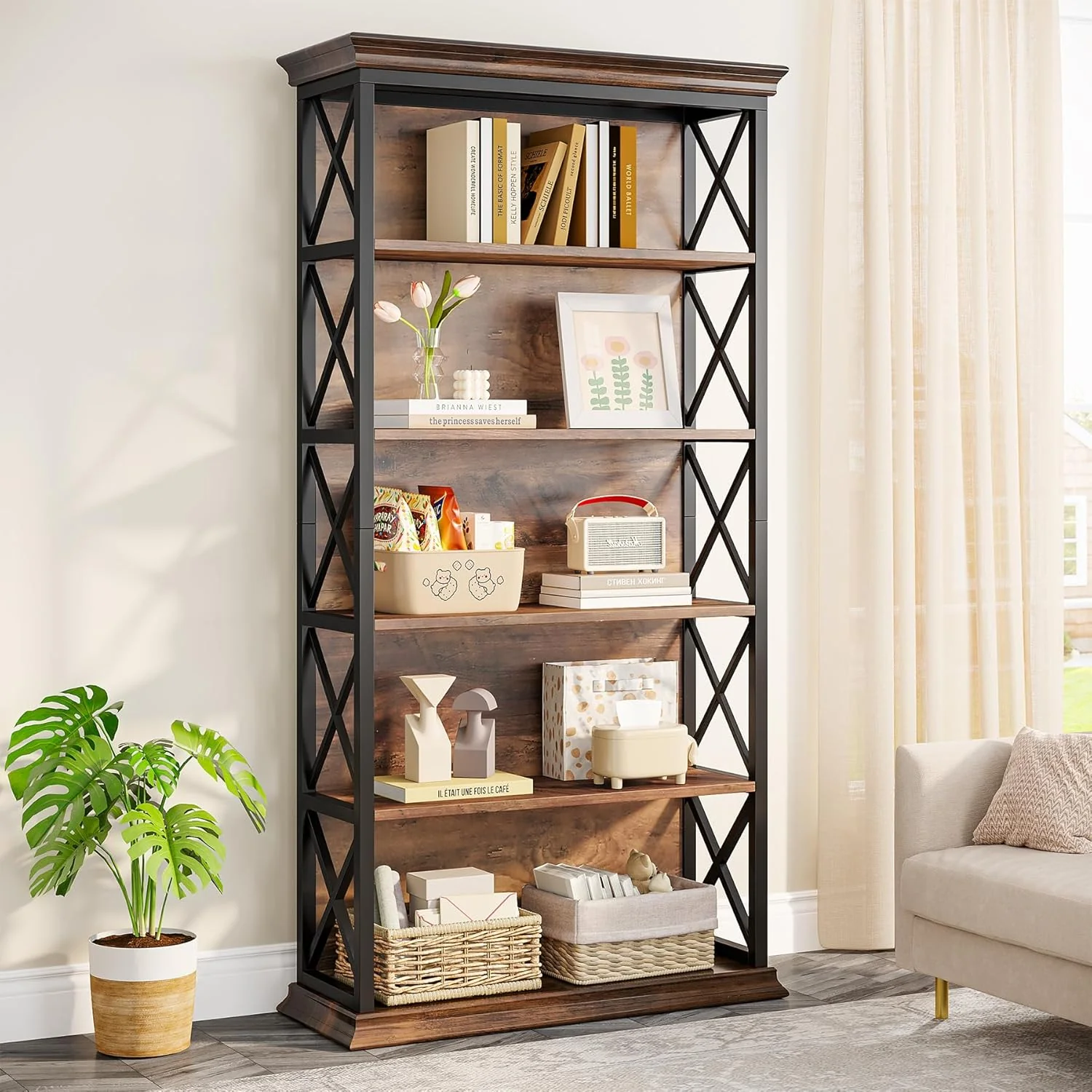 71" Industrial 6-Tier Bookcase - 5-Shelf Floor Standing Storage Unit in Brown & Black - Image 5