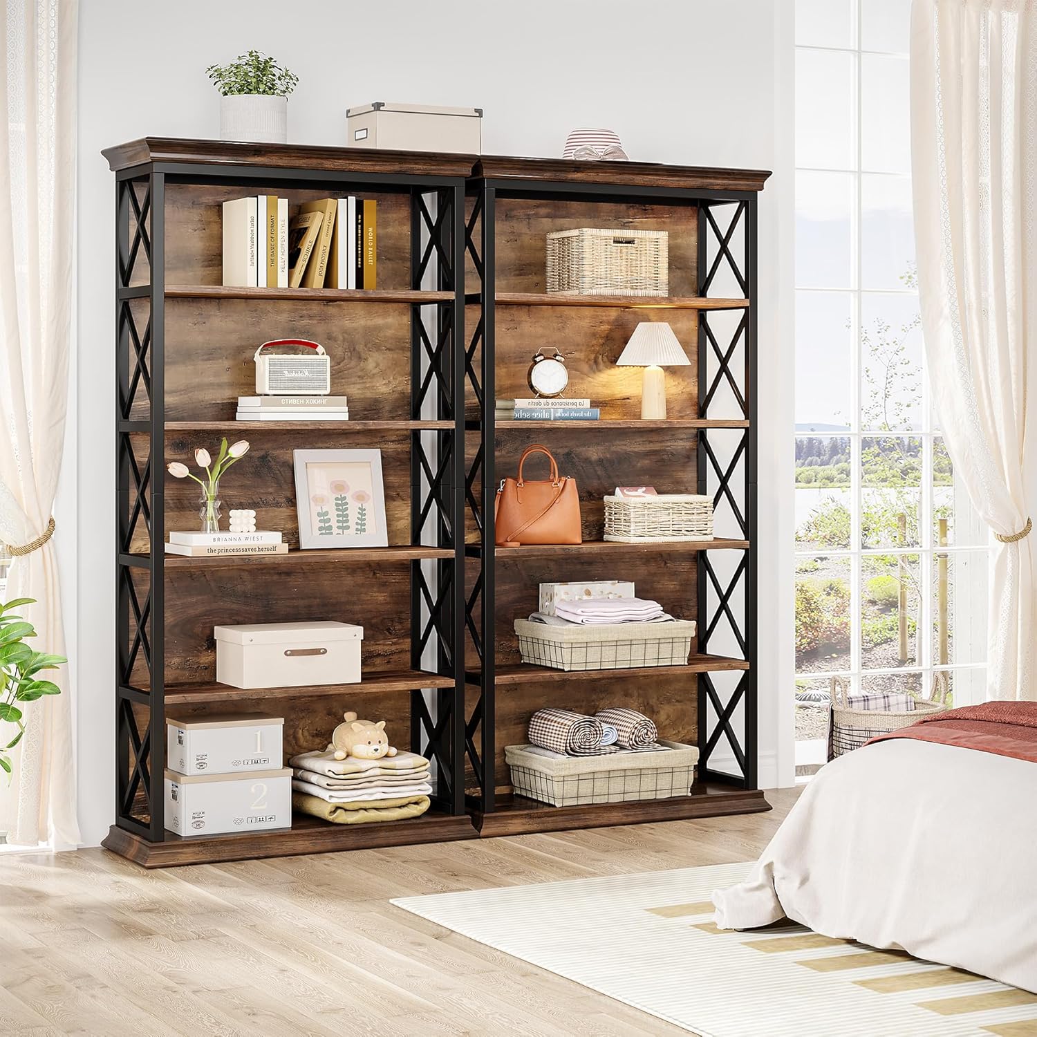 71" Industrial 6-Tier Bookcase - 5-Shelf Floor Standing Storage Unit in Brown & Black - Image 6