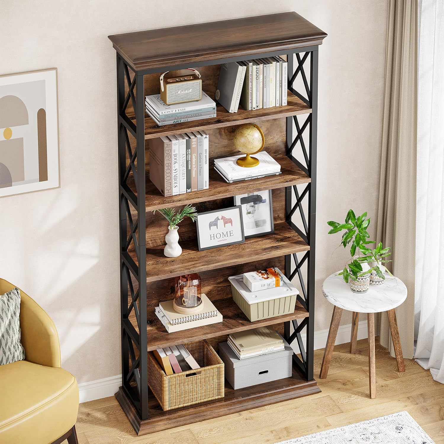 71" Industrial 6-Tier Bookcase - 5-Shelf Floor Standing Storage Unit in Brown & Black - Image 7