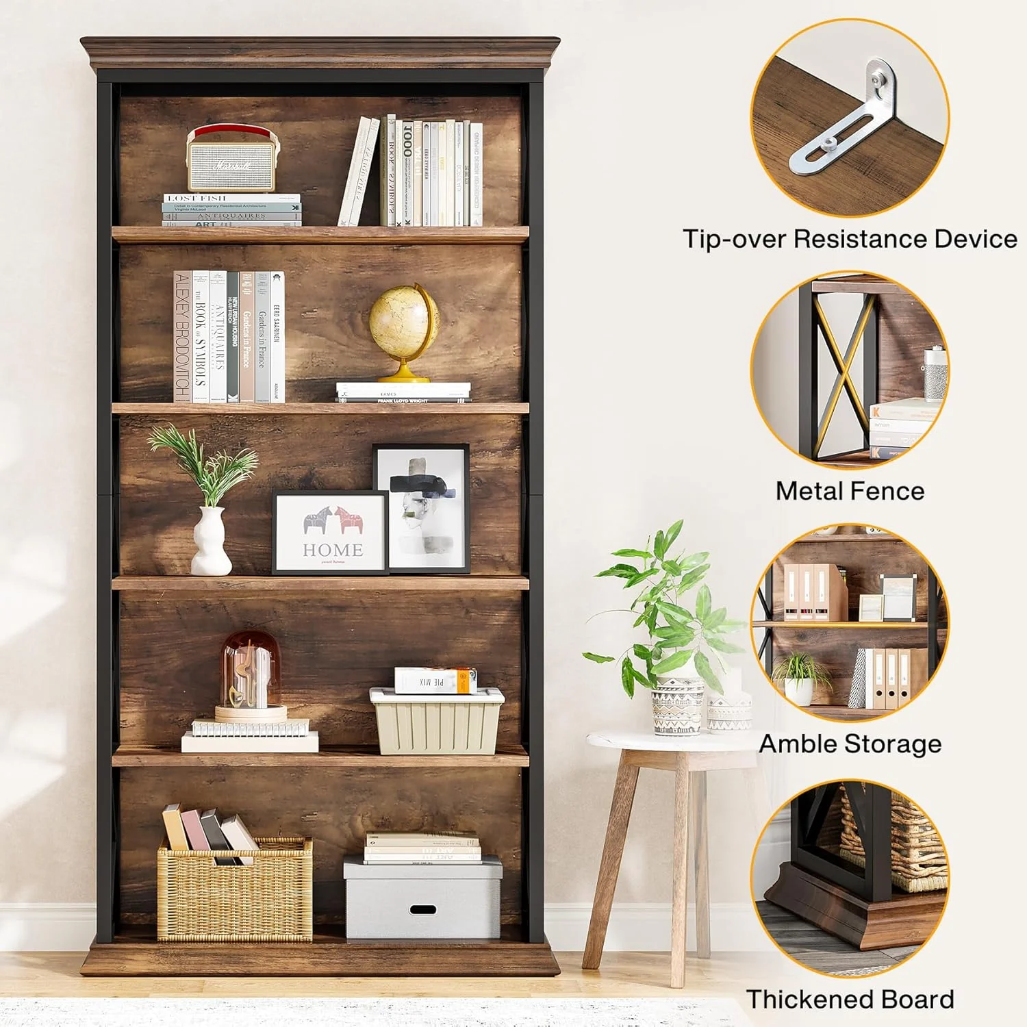 71" Industrial 6-Tier Bookcase - 5-Shelf Floor Standing Storage Unit in Brown & Black - Image 8