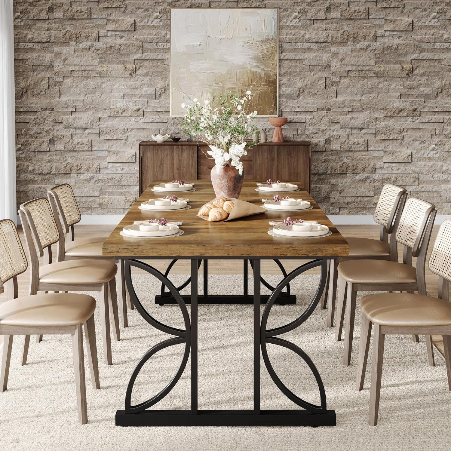 71 x 31.5 Inch Industrial Rectangular Dining Table, Kitchen Table with Metal Base in Brown - Image 4