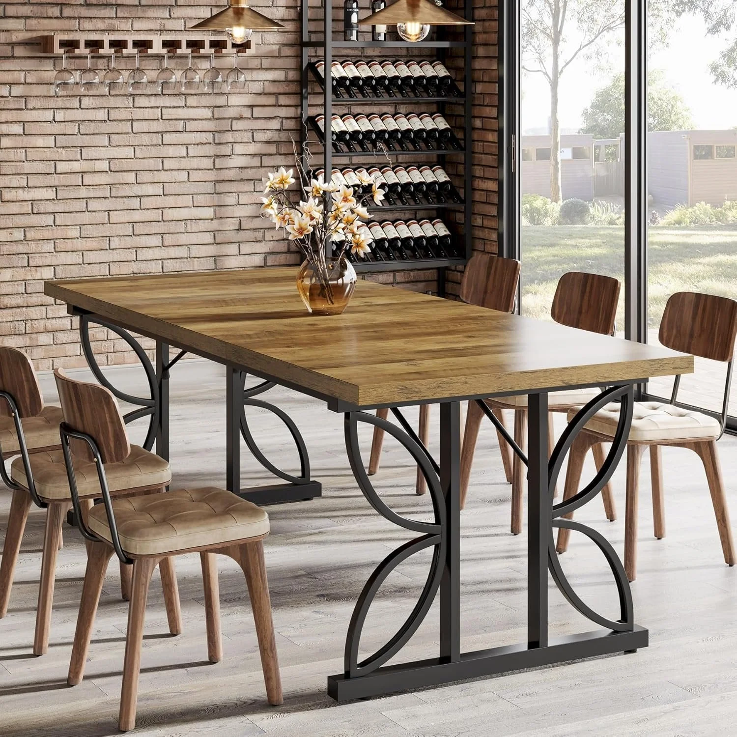 71 x 31.5 Inch Industrial Rectangular Dining Table, Kitchen Table with Metal Base in Brown - Image 6