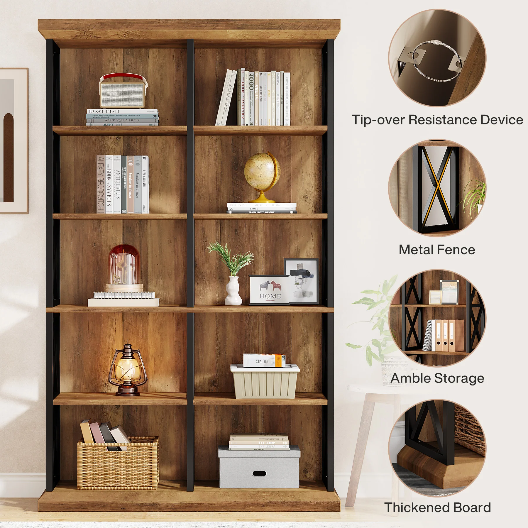 Tribesigns 75-Inch Tall Double Wide Bookcase, 6-Tier Industrial Bookshelf with X-Pattern Frame - Image 3