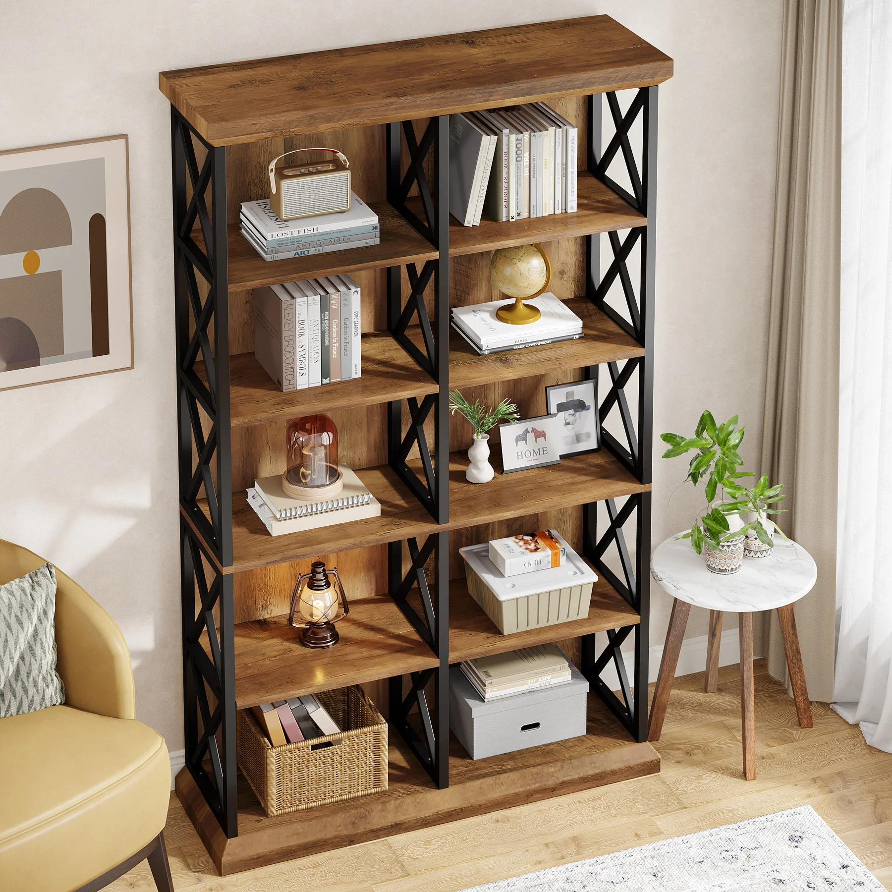 Tribesigns 75-Inch Tall Double Wide Bookcase, 6-Tier Industrial Bookshelf with X-Pattern Frame - Image 5