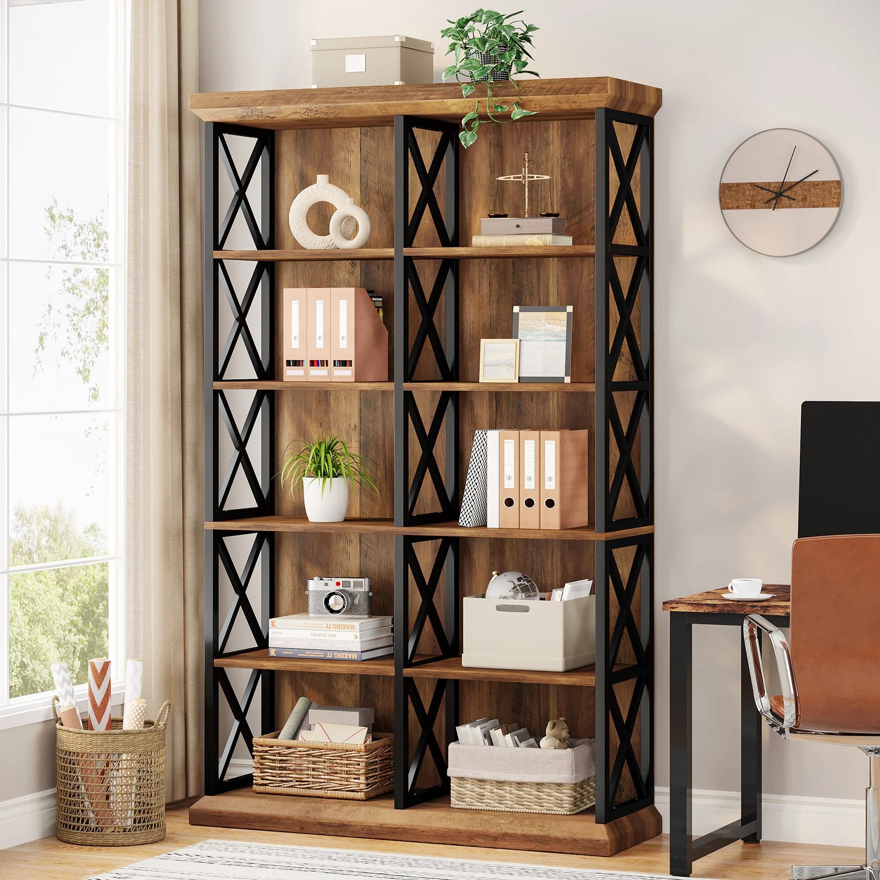 Tribesigns 75-Inch Tall Double Wide Bookcase, 6-Tier Industrial Bookshelf with X-Pattern Frame - Image 6