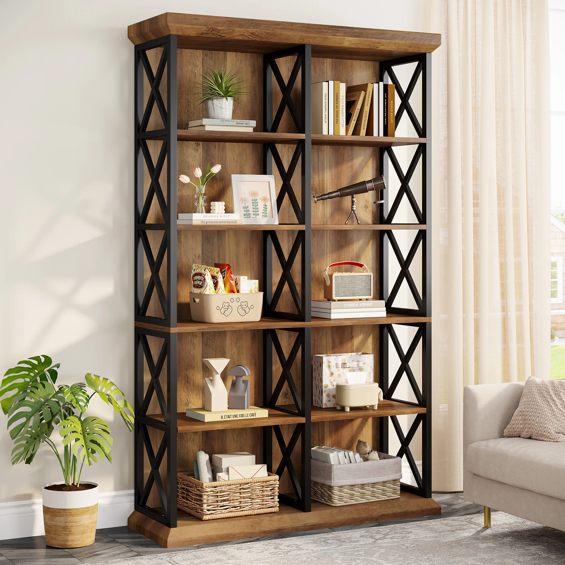 Tribesigns 75-Inch Tall Double Wide Bookcase, 6-Tier Industrial Bookshelf with X-Pattern Frame - Image 7
