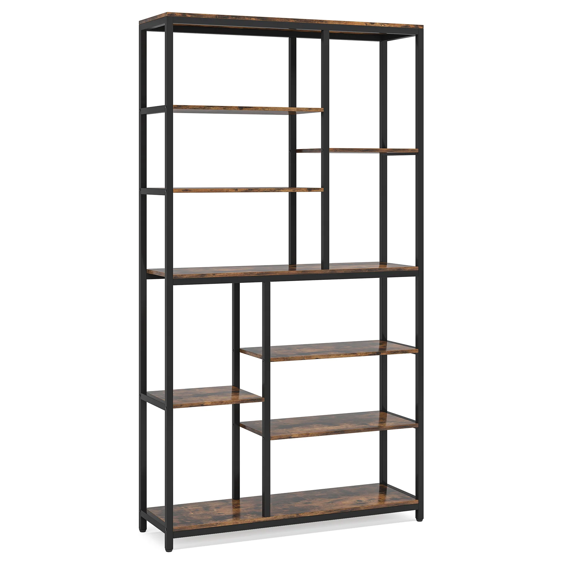 79" Industrial Bookcase - 8-Shelf Staggered Wood & Metal Display Shelf - Image 10
