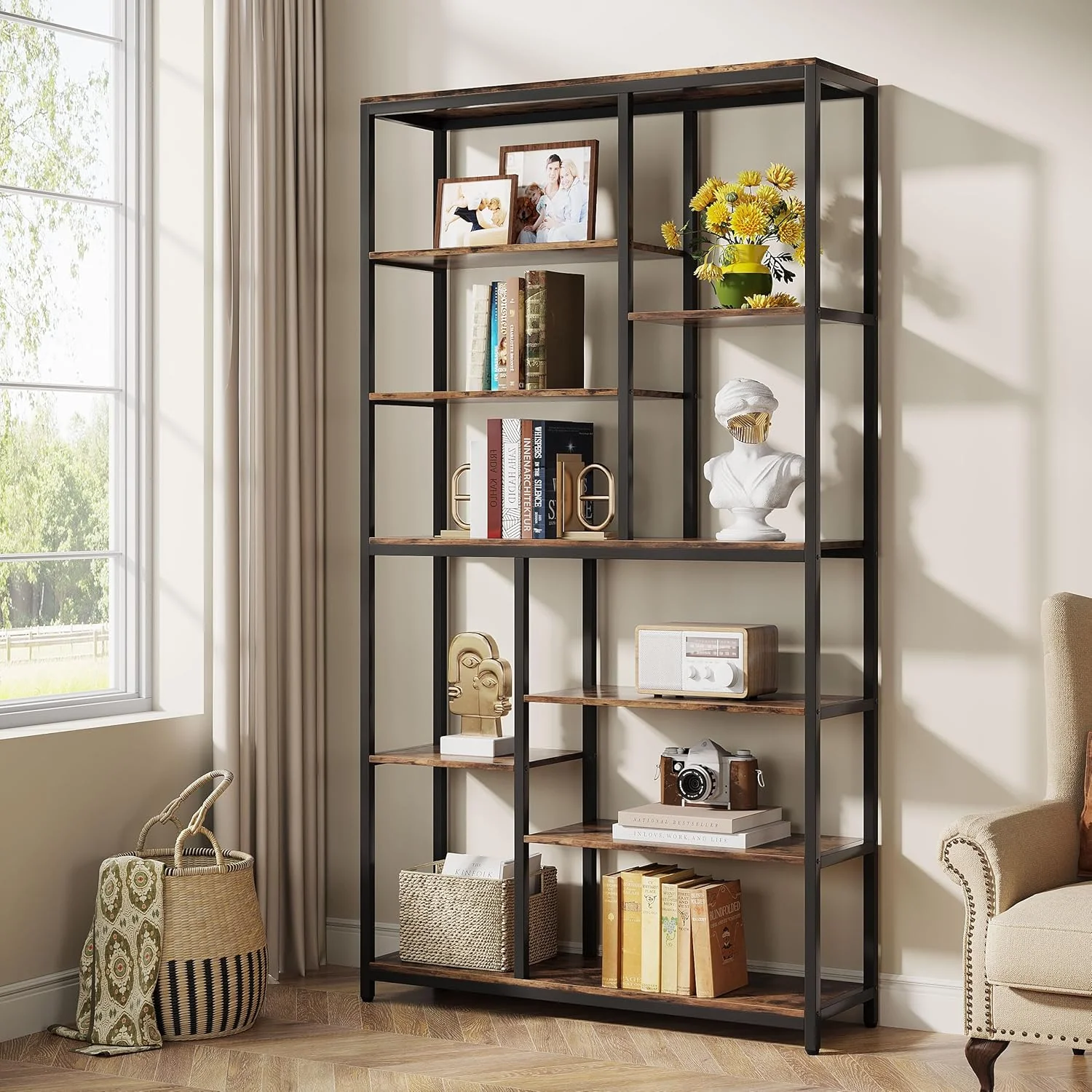 79" Industrial Bookcase - 8-Shelf Staggered Wood & Metal Display Shelf - Image 3