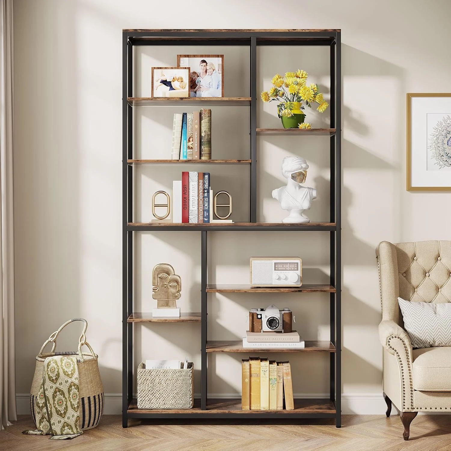 79" Industrial Bookcase - 8-Shelf Staggered Wood & Metal Display Shelf - Image 4