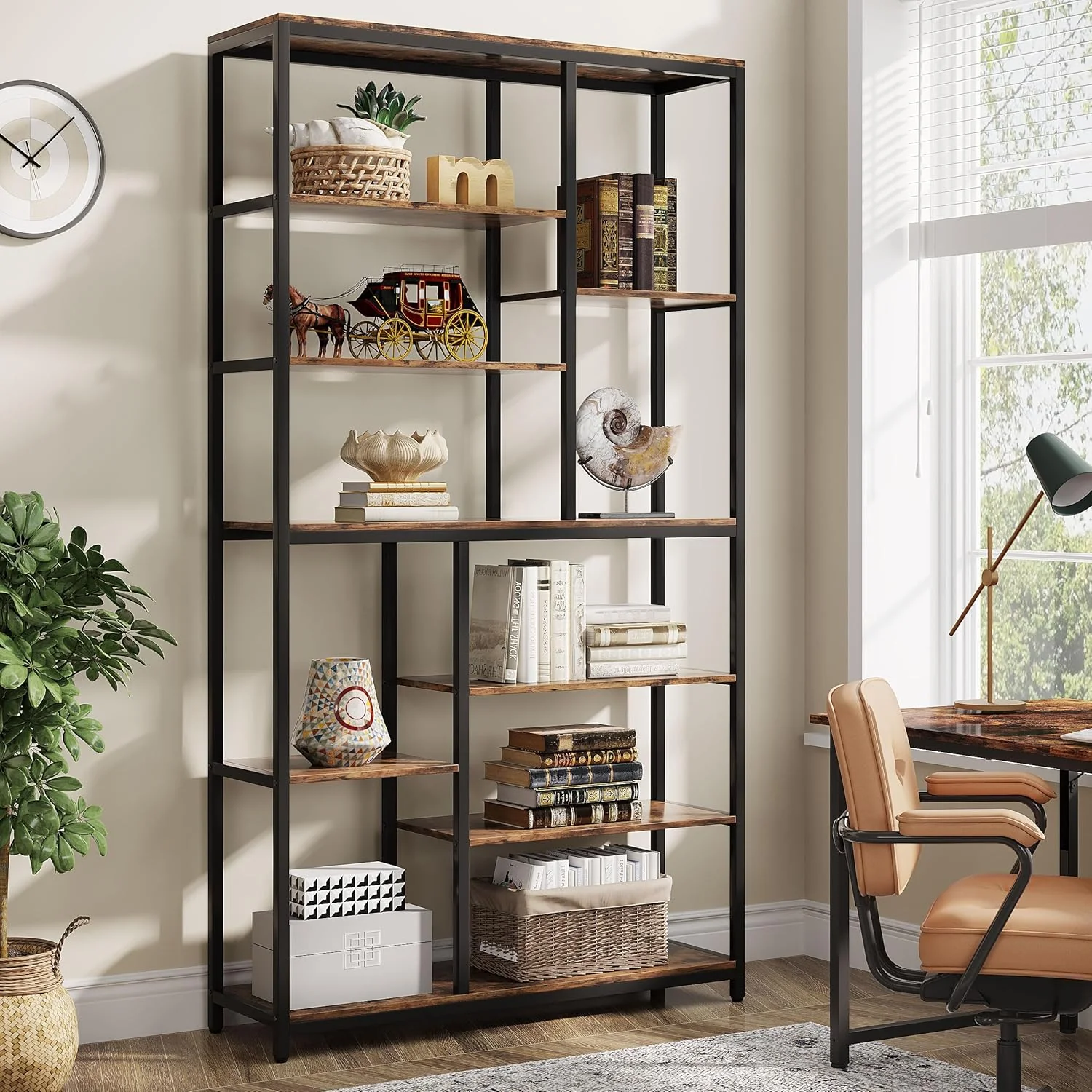 79" Industrial Bookcase - 8-Shelf Staggered Wood & Metal Display Shelf - Image 5