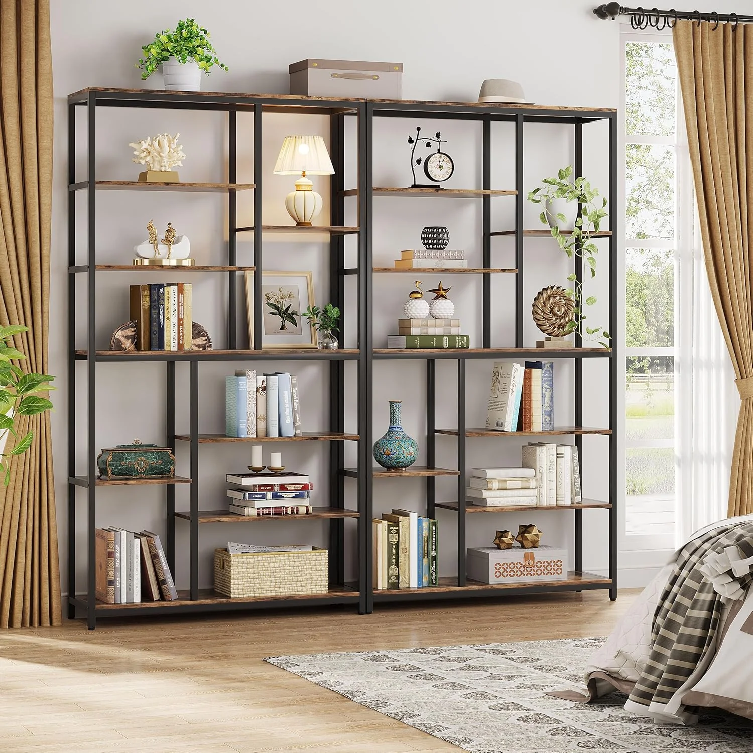 79" Industrial Bookcase - 8-Shelf Staggered Wood & Metal Display Shelf - Image 6