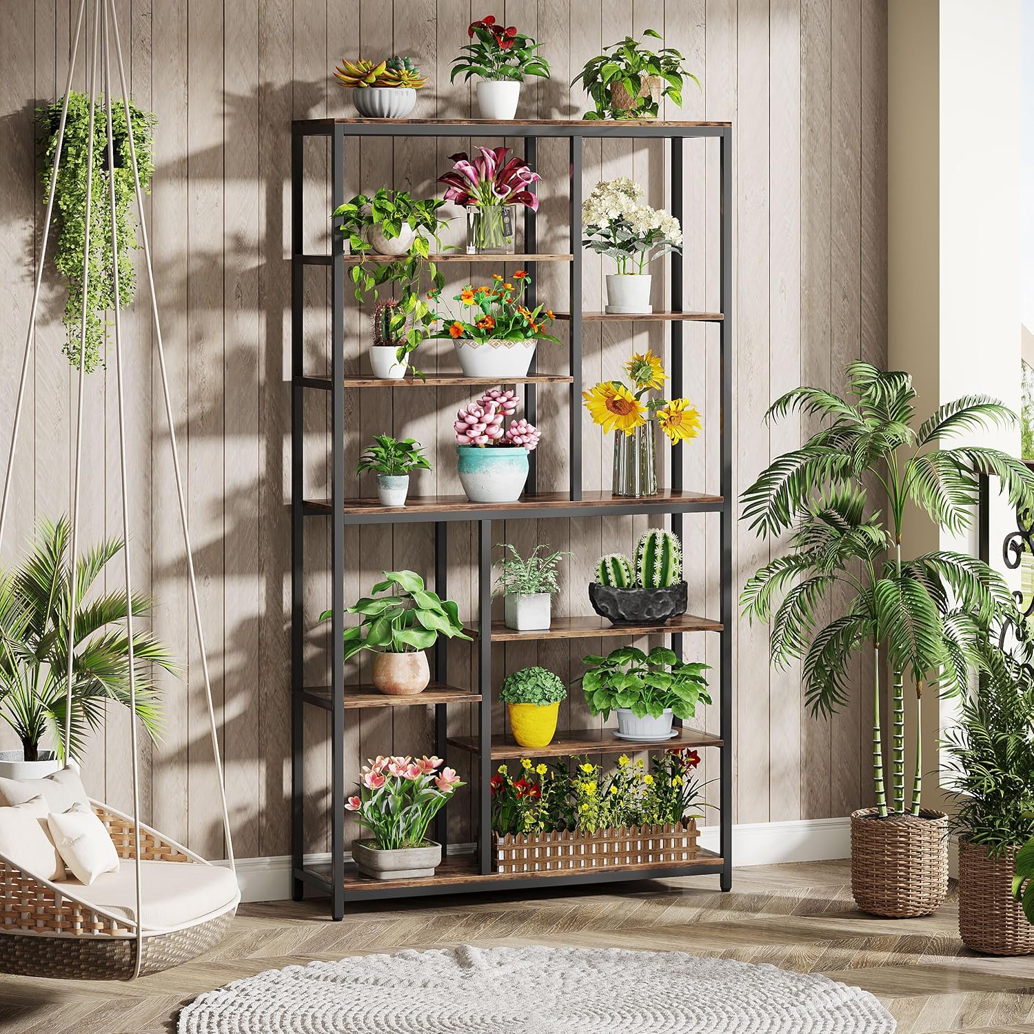 79" Industrial Bookcase - 8-Shelf Staggered Wood & Metal Display Shelf - Image 7