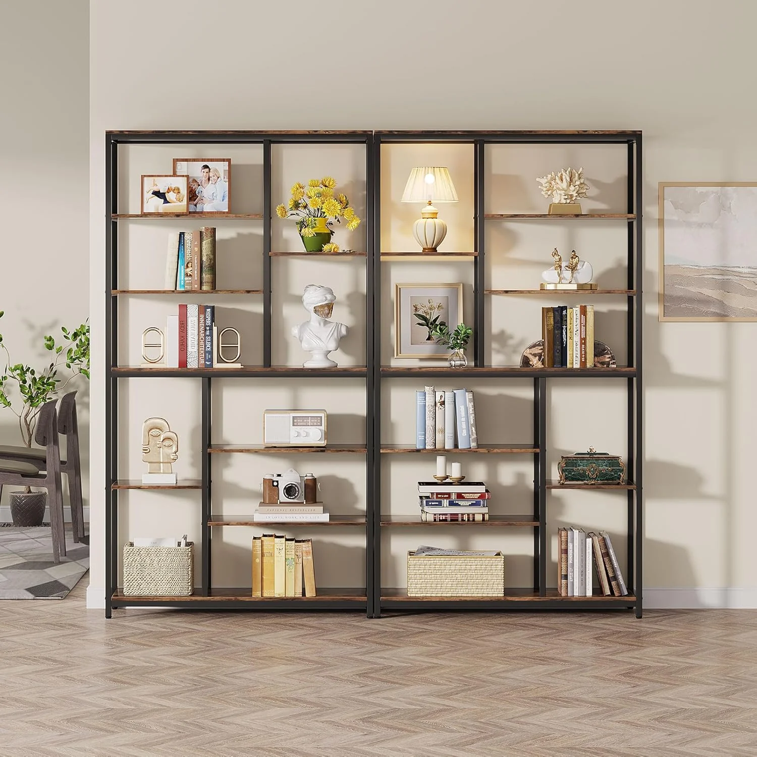 79" Industrial Bookcase - 8-Shelf Staggered Wood & Metal Display Shelf - Image 8