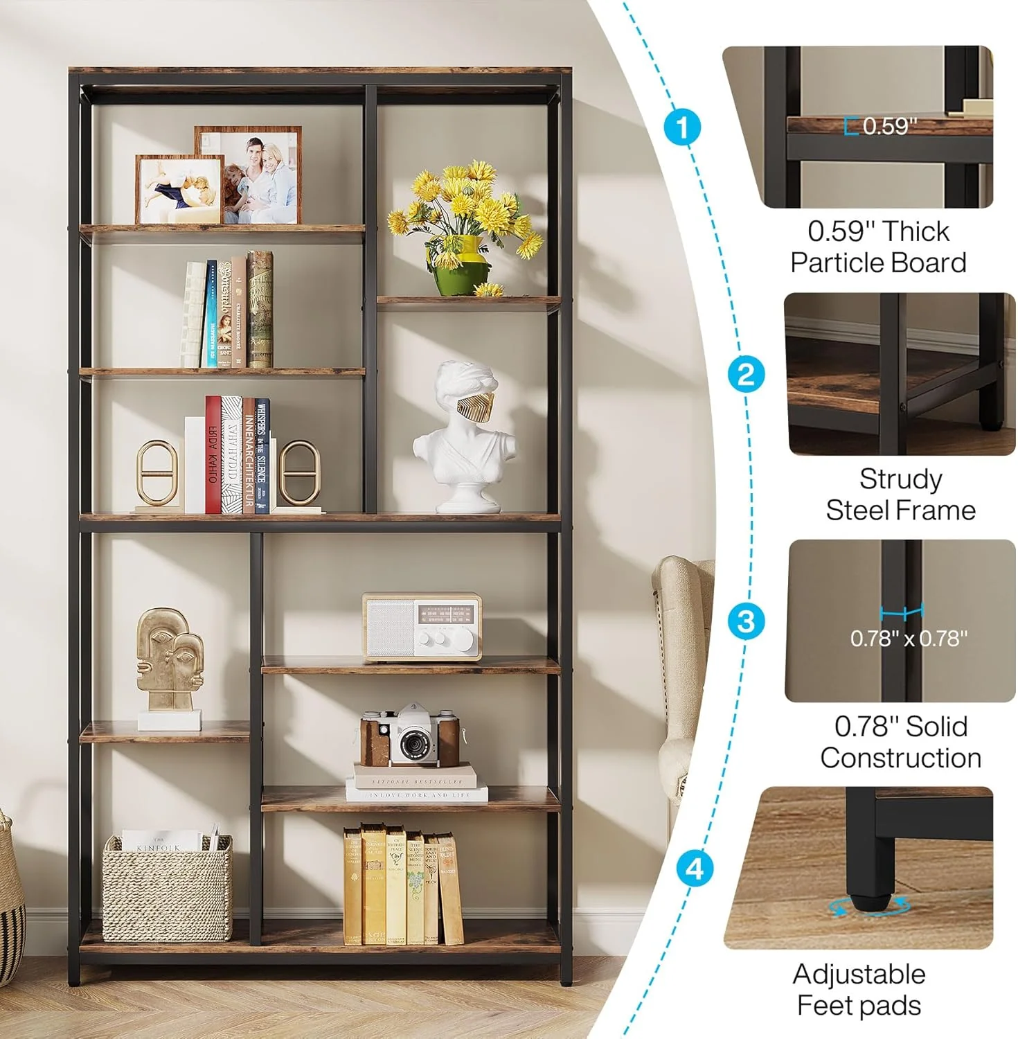 79" Industrial Bookcase - 8-Shelf Staggered Wood & Metal Display Shelf - Image 9