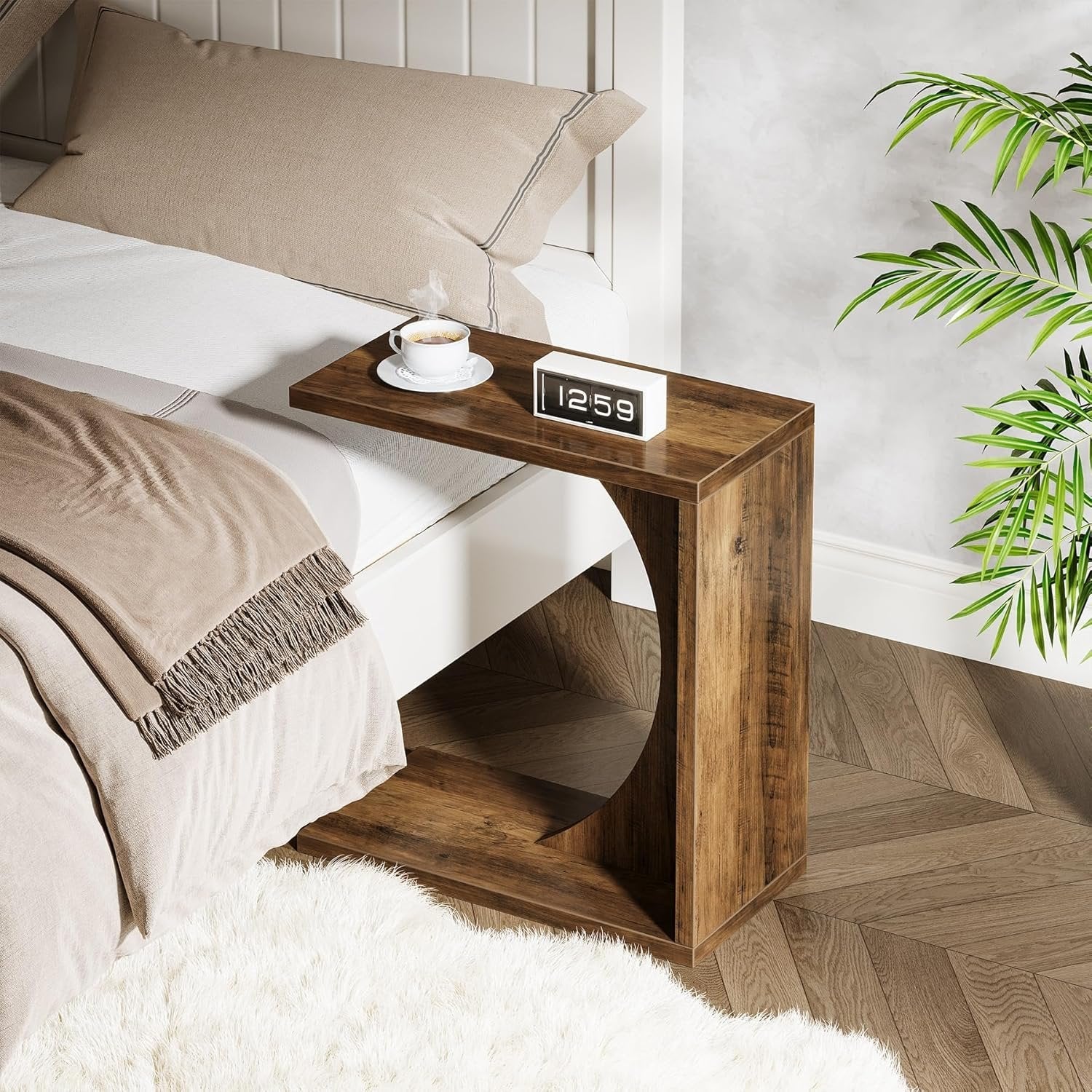 C Shaped End Table for Couch in Rustic Brown, Small Wooden Bedside Table Laptop Work Desk - Image 3