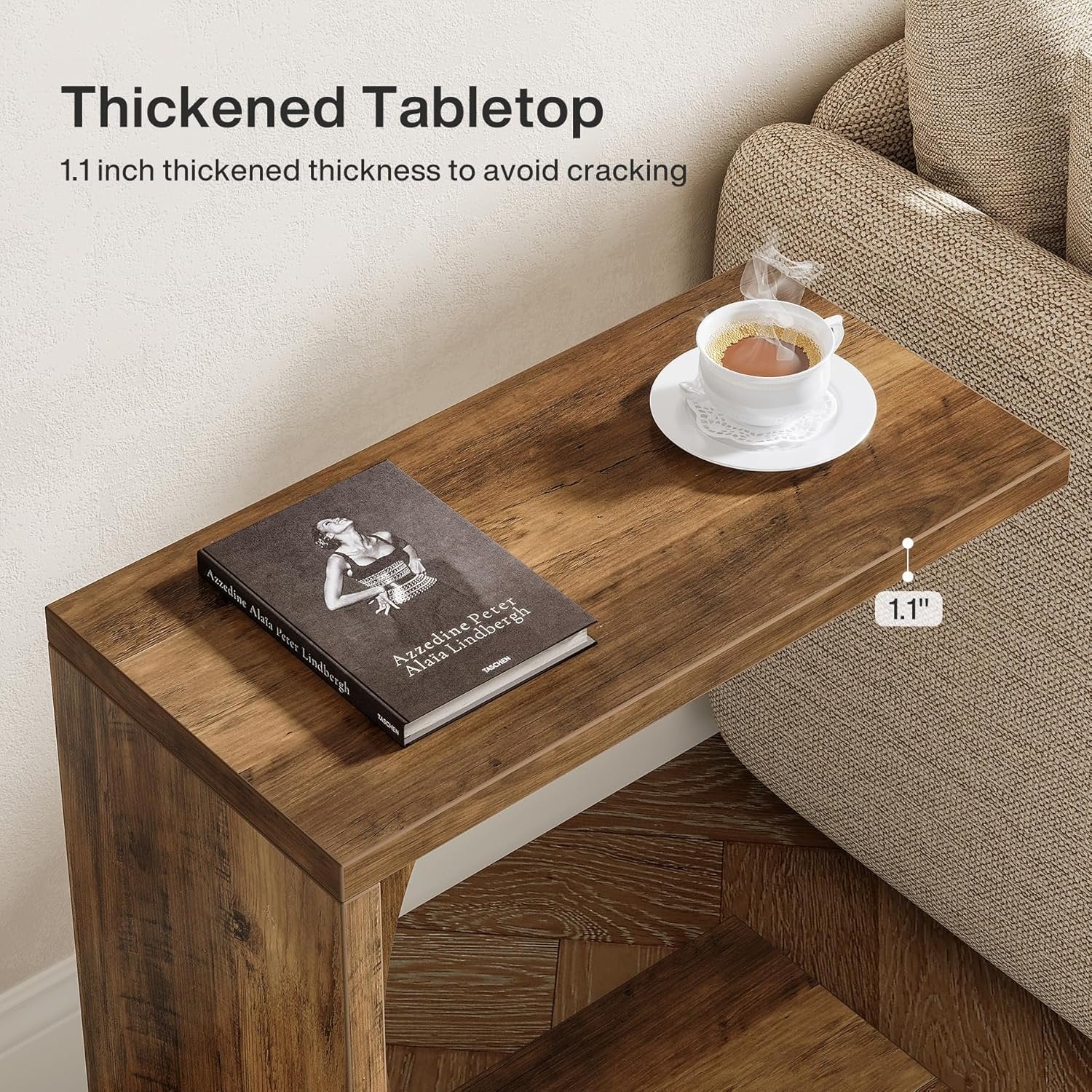 C Shaped End Table for Couch in Rustic Brown, Small Wooden Bedside Table Laptop Work Desk - Image 4