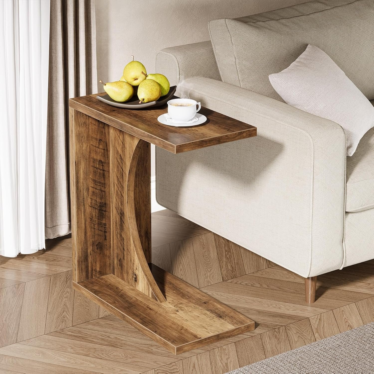 C Shaped End Table for Couch in Rustic Brown, Small Wooden Bedside Table Laptop Work Desk - Image 5