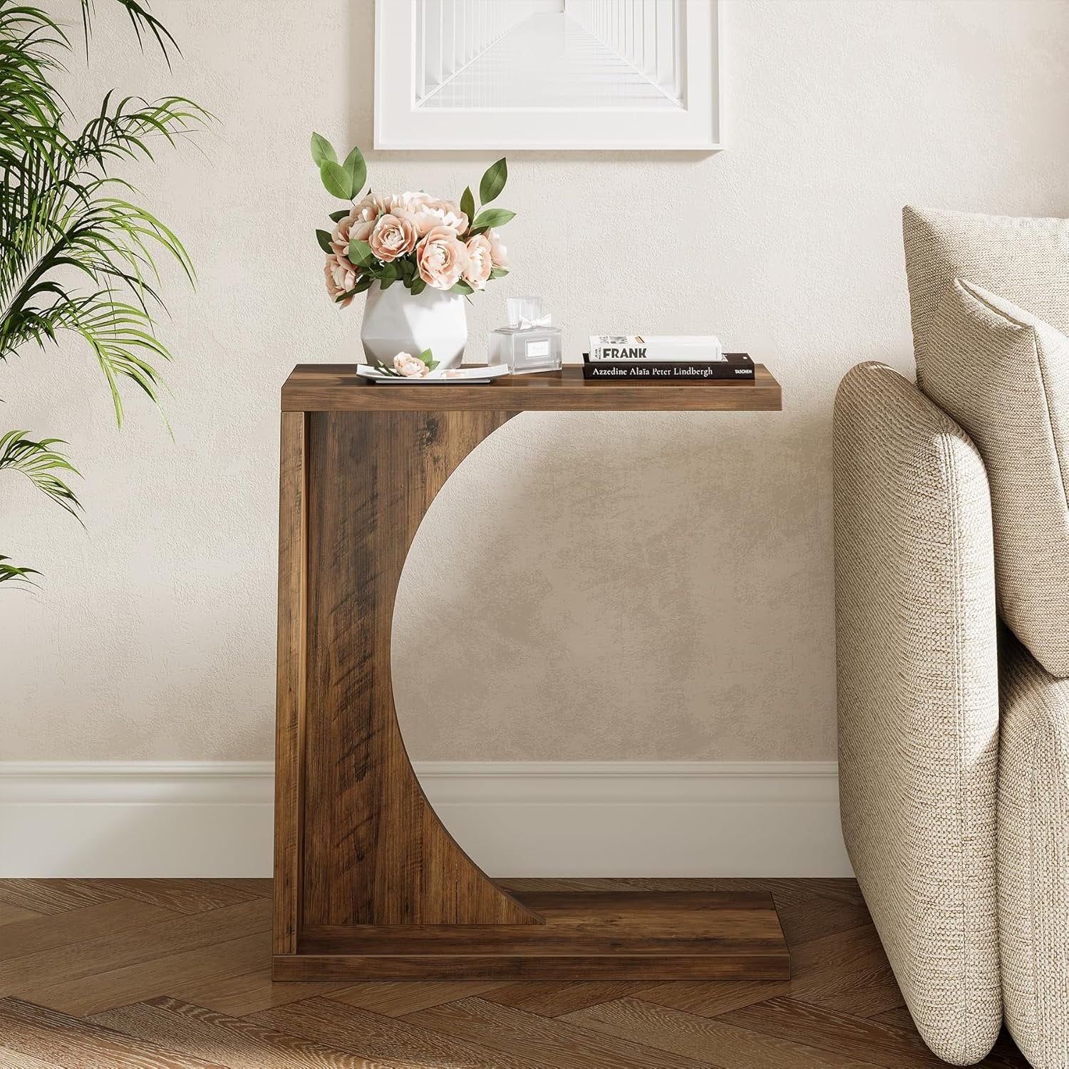 C Shaped End Table for Couch in Rustic Brown, Small Wooden Bedside Table Laptop Work Desk - Image 6