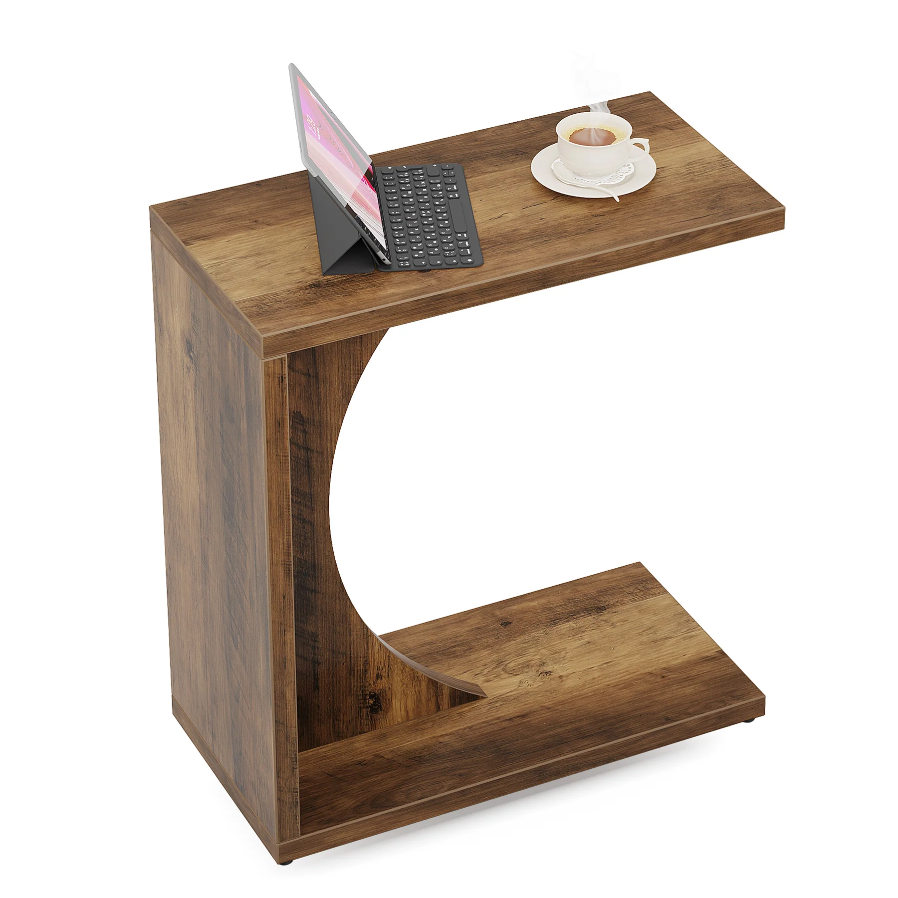 C Shaped End Table for Couch in Rustic Brown, Small Wooden Bedside Table Laptop Work Desk - Image 8