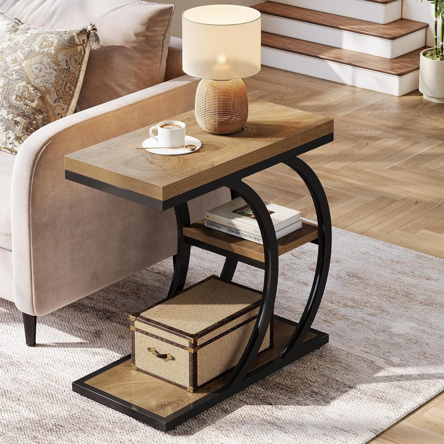C-Space 3-Tier End Table, A Narrow C-Shaped Wood & Metal Side Table for Small Spaces - Image 4