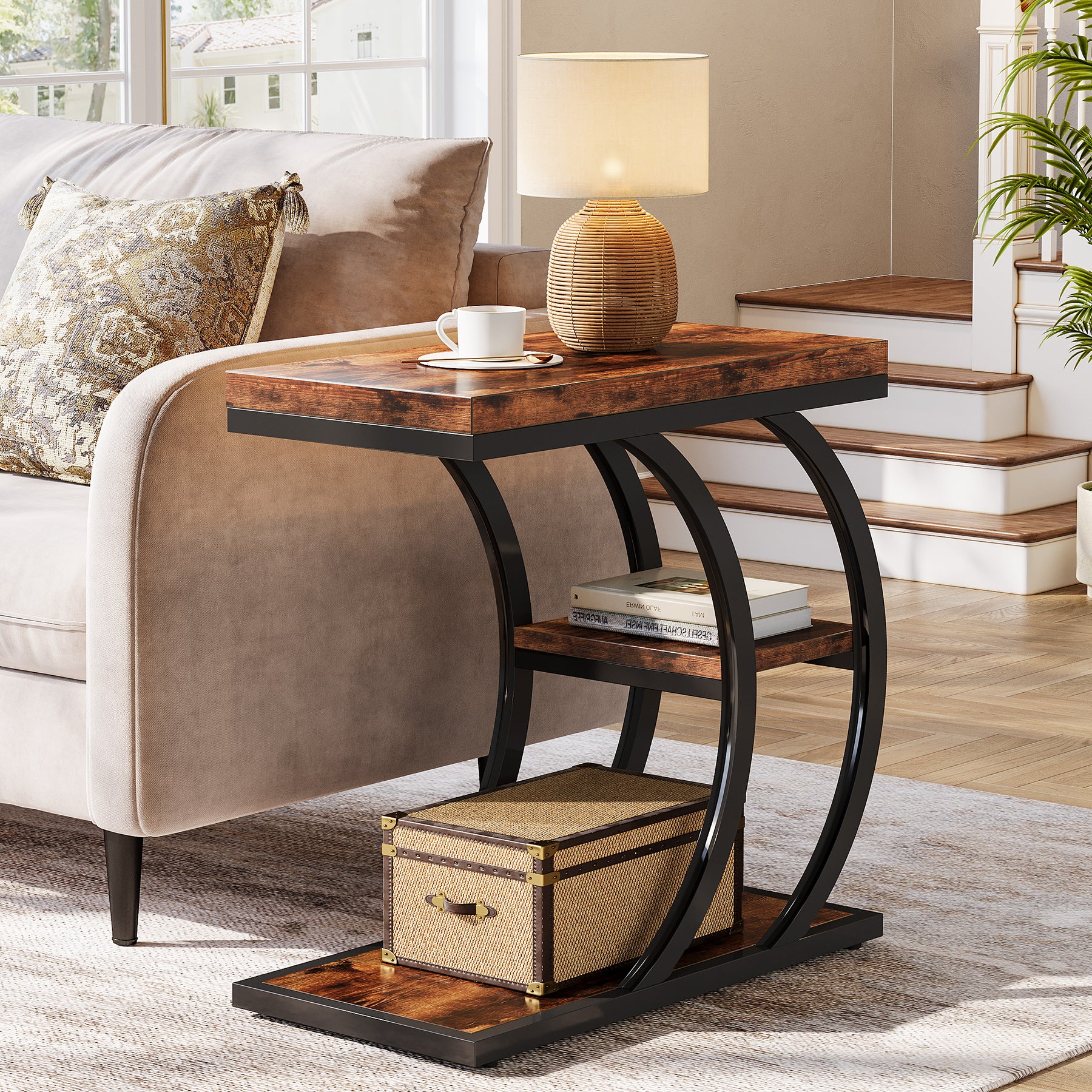 C-Space 3-Tier End Table, A Narrow C-Shaped Wood & Metal Side Table for Small Spaces - Image 9
