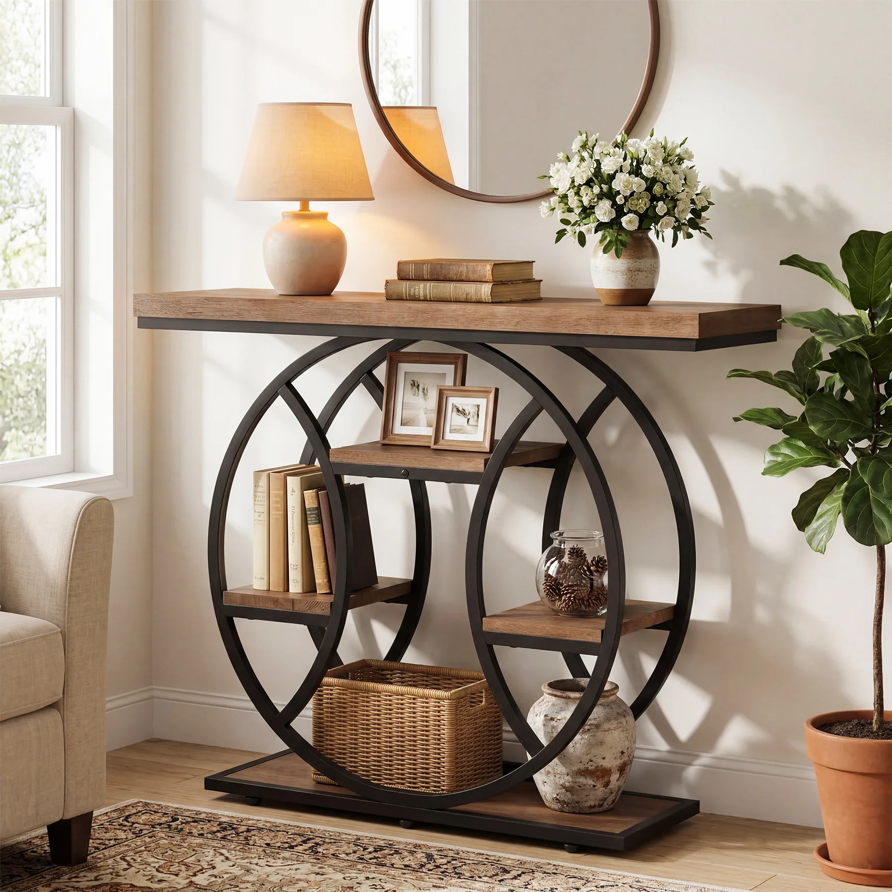 41.3" Industrial Console Table with 4-Tier Storage, Entryway Sofa Table for Hallway Living Room Entrance