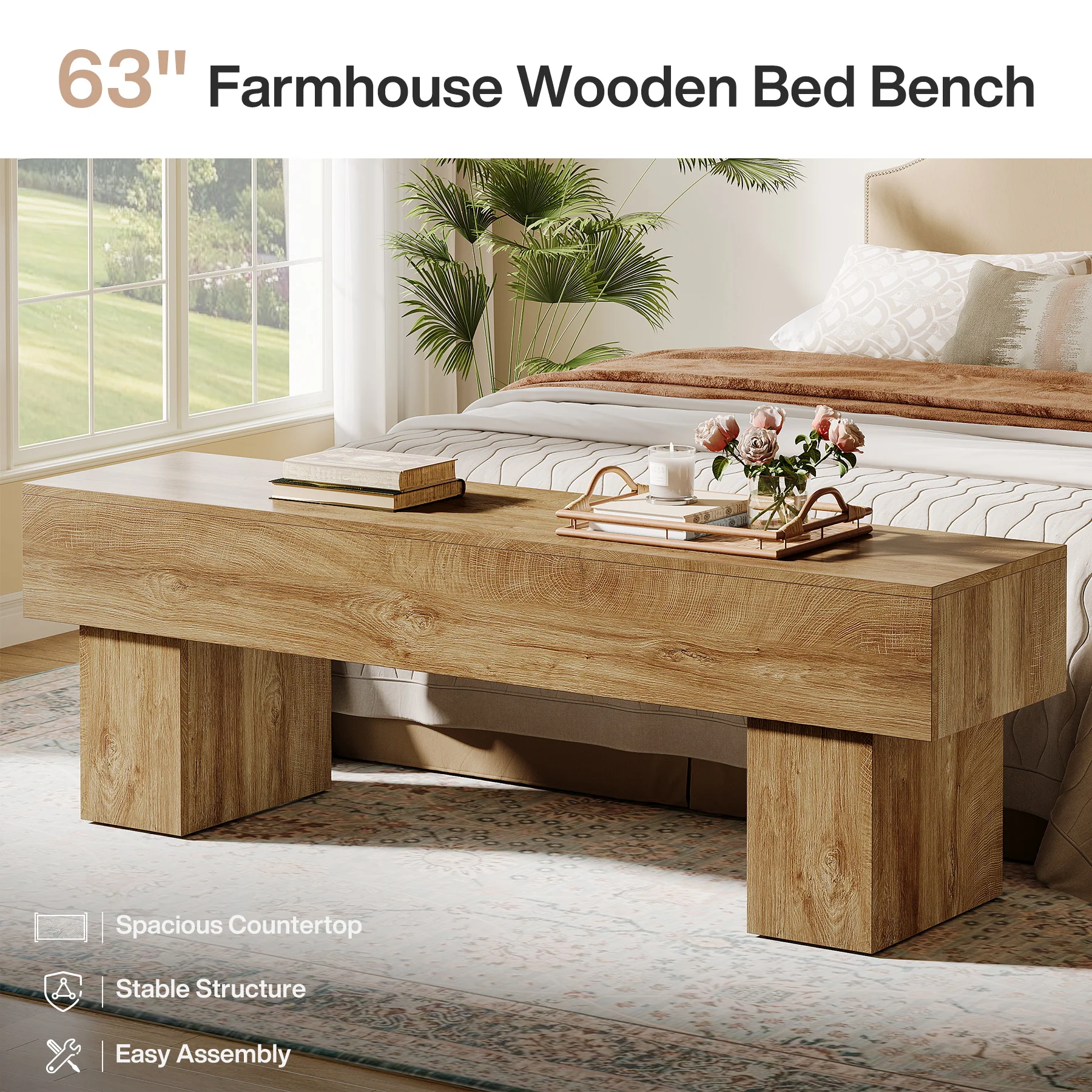 Tribesigns 62.99-Inch End of Bed Bench, Extra Long Farmhouse Wooden Bench with Shoe Storage for Bedroom - Image 3