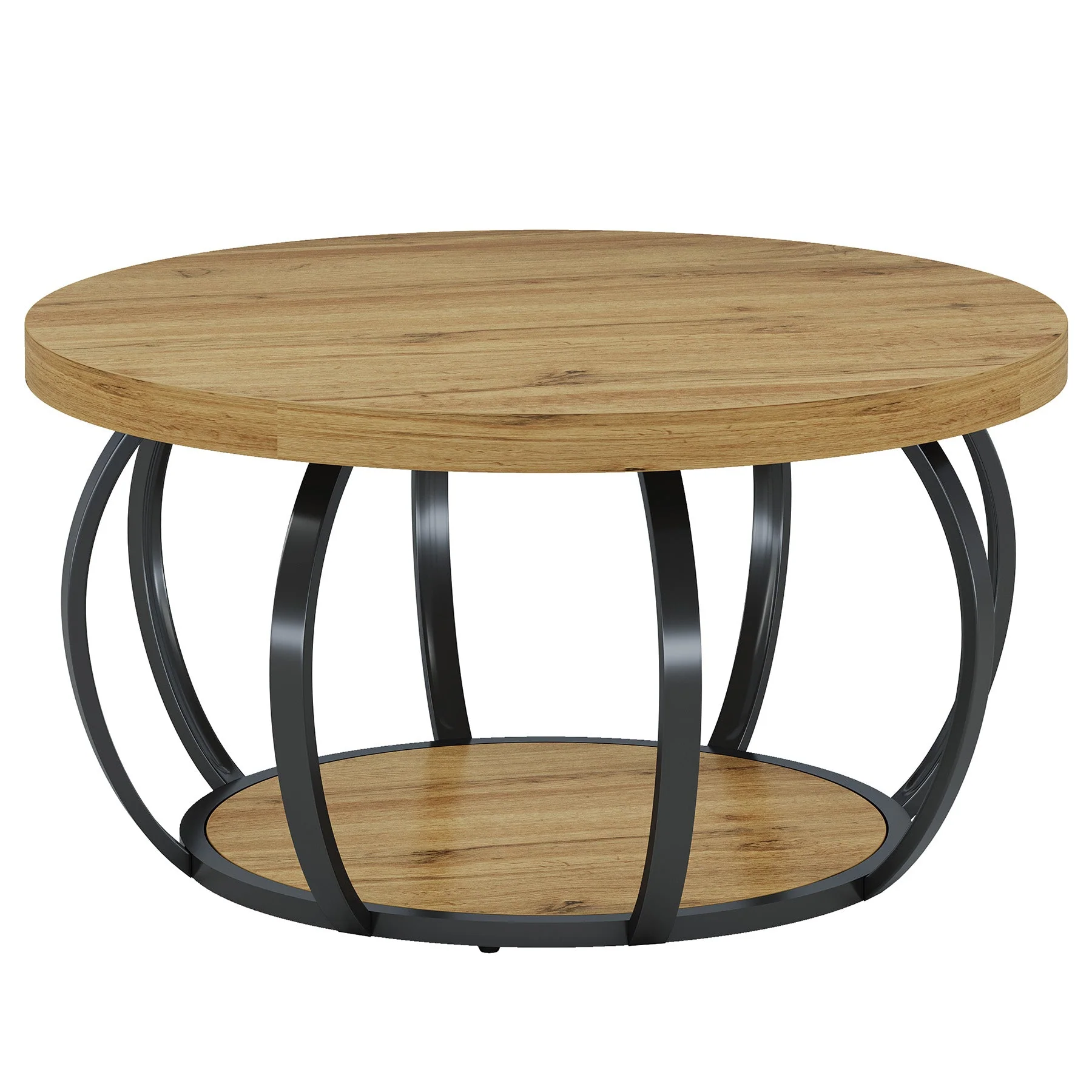 31.5" Round Coffee Table - 2-Tier Farmhouse Center Table with Wood & Black Metal for Living Room - Image 10