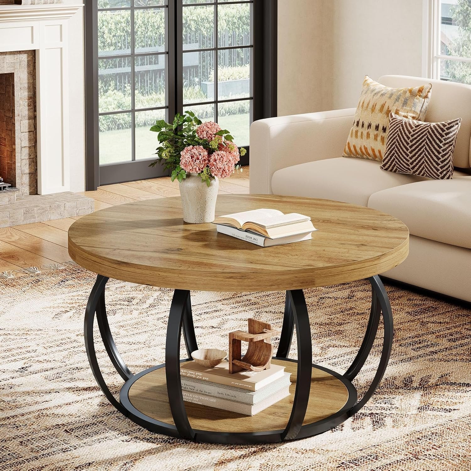 31.5" Round Coffee Table - 2-Tier Farmhouse Center Table with Wood & Black Metal for Living Room - Image 3