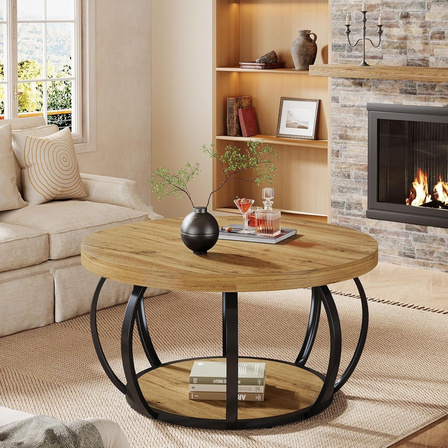 31.5" Round Coffee Table - 2-Tier Farmhouse Center Table with Wood & Black Metal for Living Room - Image 4