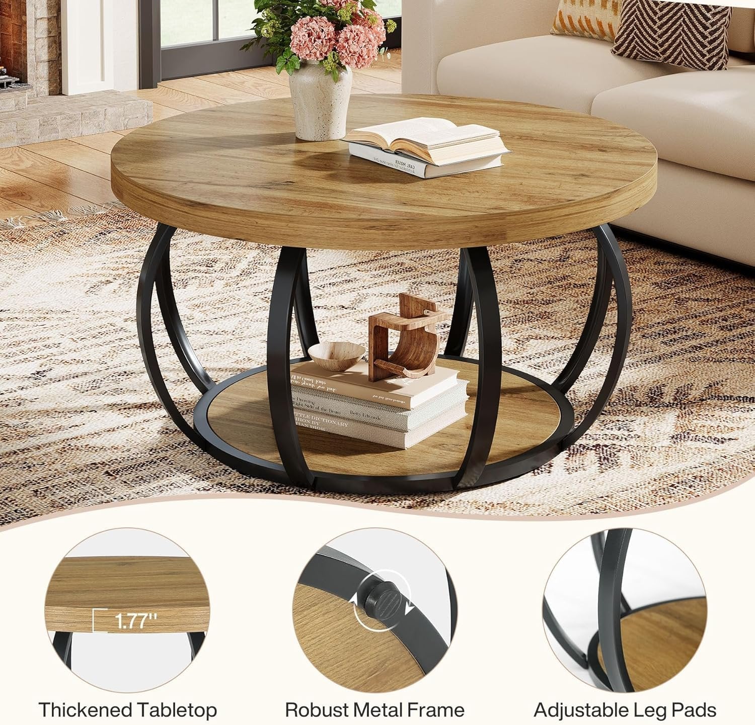 31.5" Round Coffee Table - 2-Tier Farmhouse Center Table with Wood & Black Metal for Living Room - Image 5