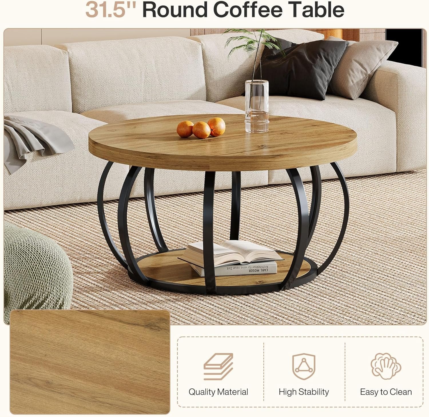 31.5" Round Coffee Table - 2-Tier Farmhouse Center Table with Wood & Black Metal for Living Room - Image 6