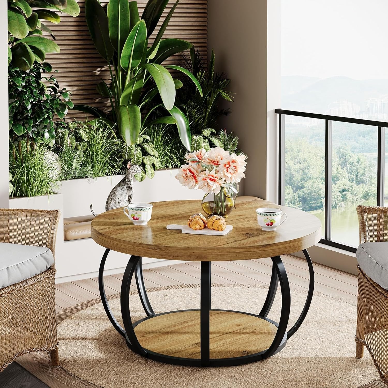 31.5" Round Coffee Table - 2-Tier Farmhouse Center Table with Wood & Black Metal for Living Room - Image 7