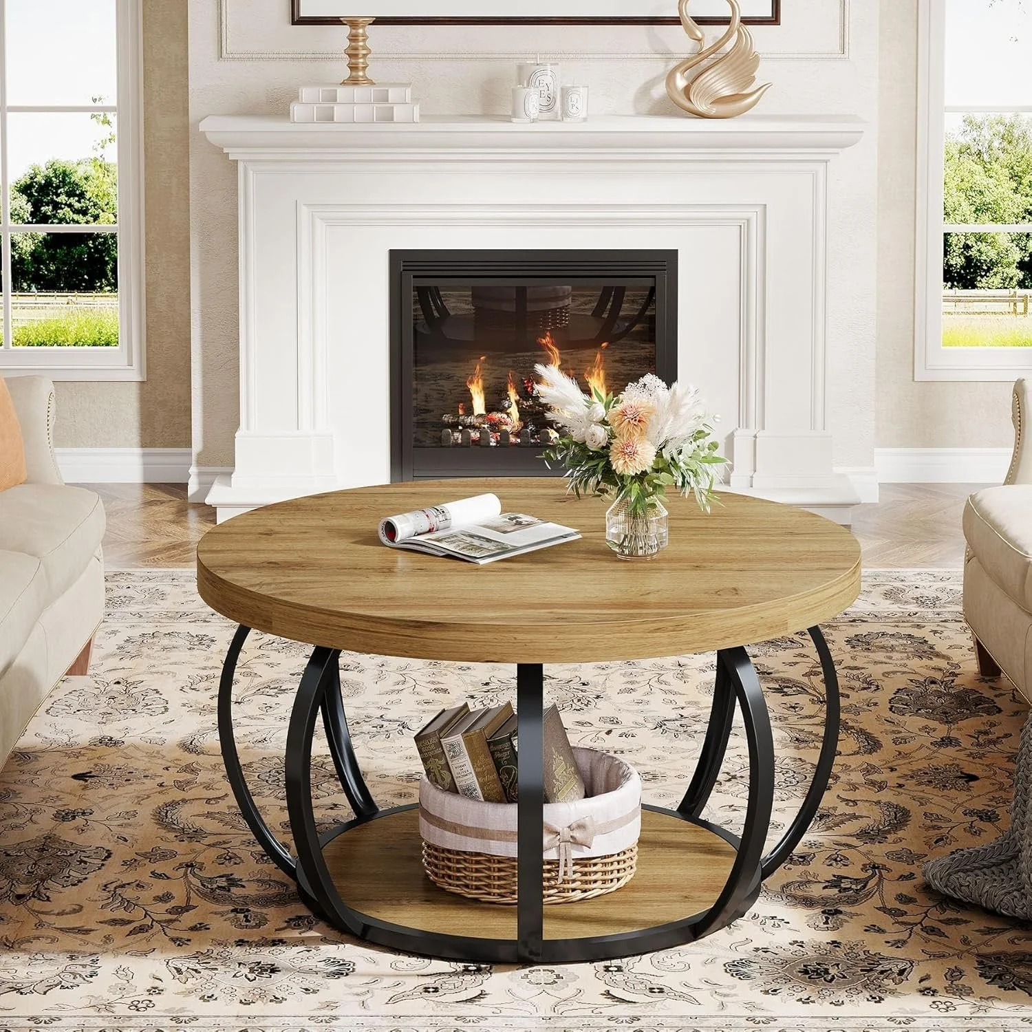 31.5" Round Coffee Table - 2-Tier Farmhouse Center Table with Wood & Black Metal for Living Room - Image 8