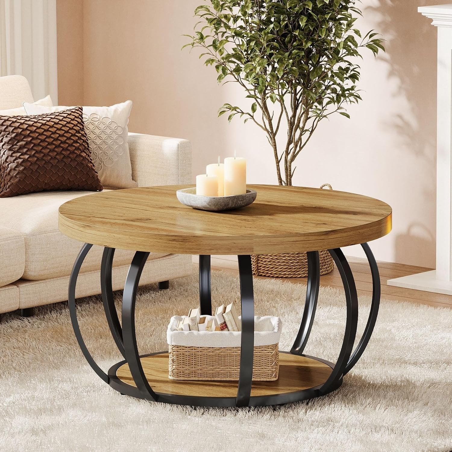 31.5" Round Coffee Table - 2-Tier Farmhouse Center Table with Wood & Black Metal for Living Room - Image 9