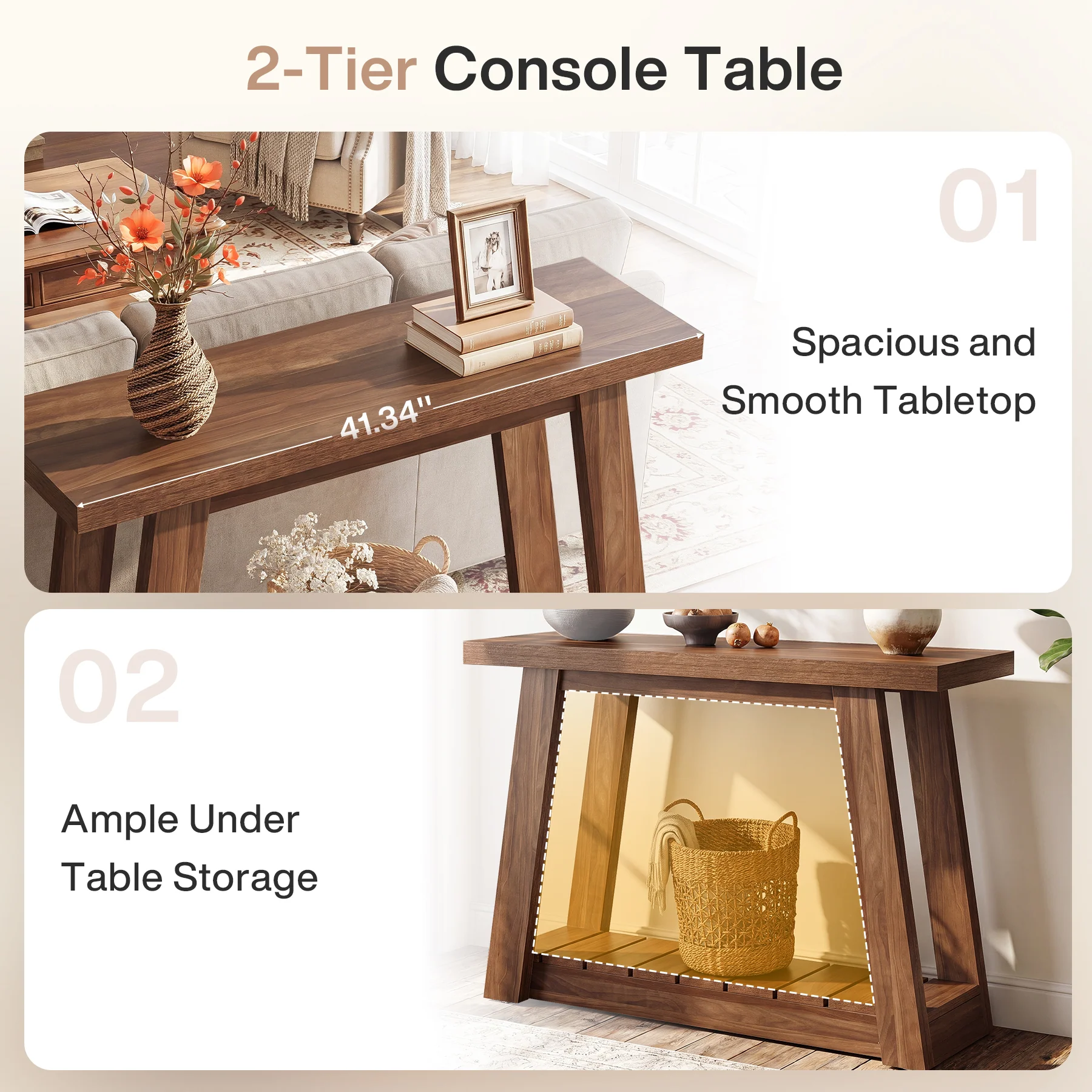 Tribesigns 41.3-Inch 2-Tier Wood Console Table, Narrow Entryway Storage Sofa Table with Open Shelves for Living Room and Hallway - Image 3