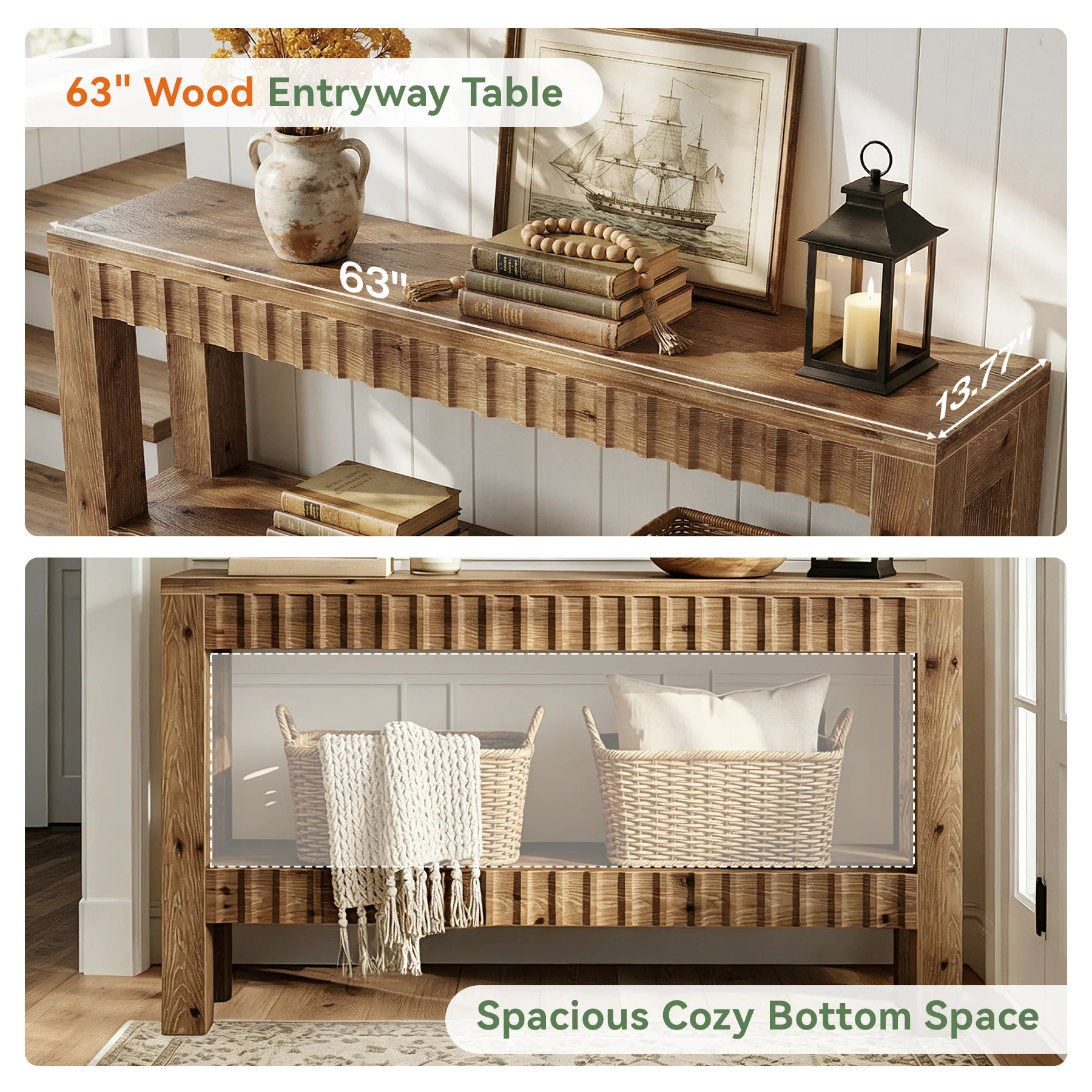 63" Console Table, Solid Wood Farmhouse Entryway Table with 2-Tier Storage - Image 10