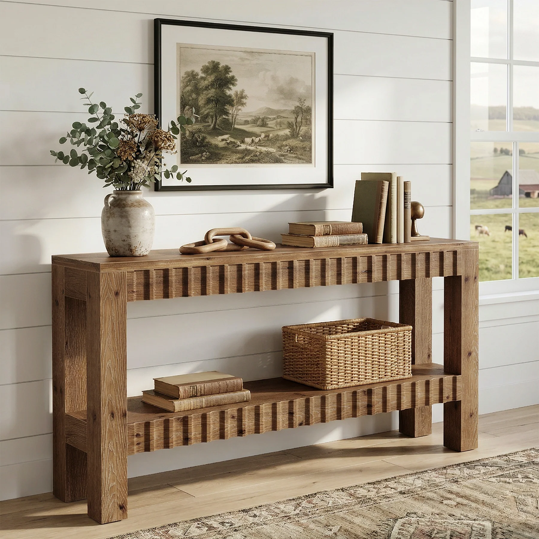 63" Console Table, Solid Wood Farmhouse Entryway Table with 2-Tier Storage - Image 5