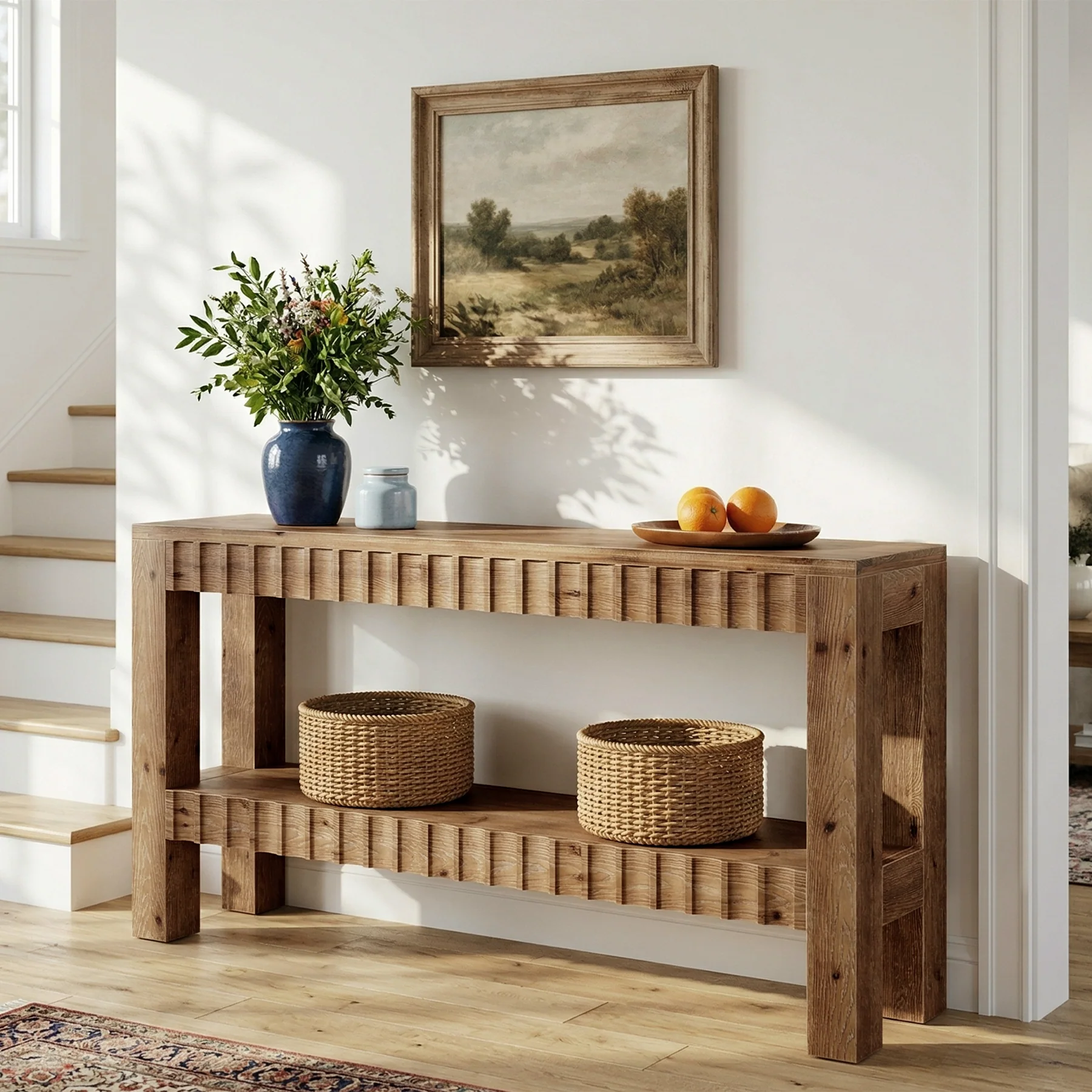 63" Console Table, Solid Wood Farmhouse Entryway Table with 2-Tier Storage - Image 6