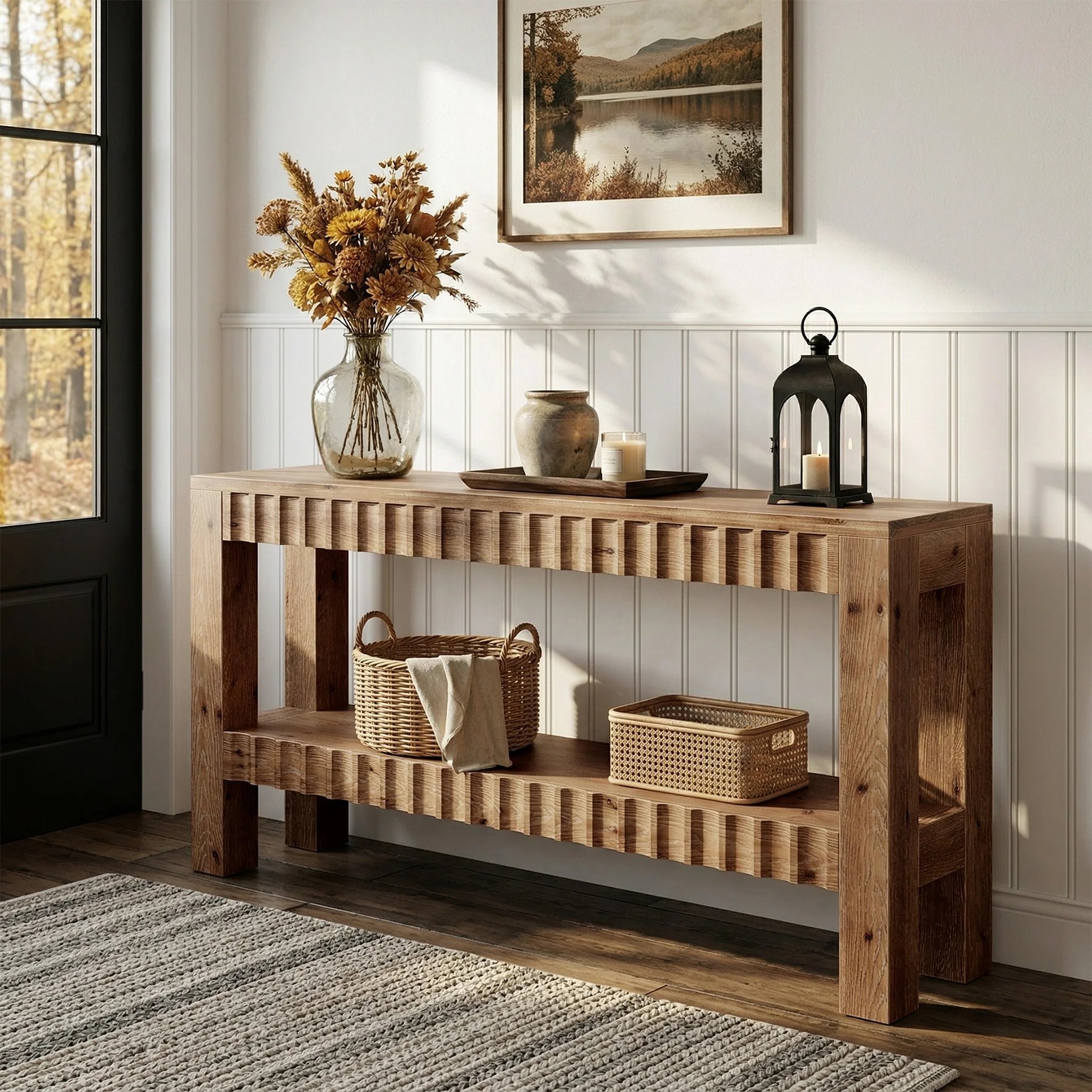 63" Console Table, Solid Wood Farmhouse Entryway Table with 2-Tier Storage - Image 7