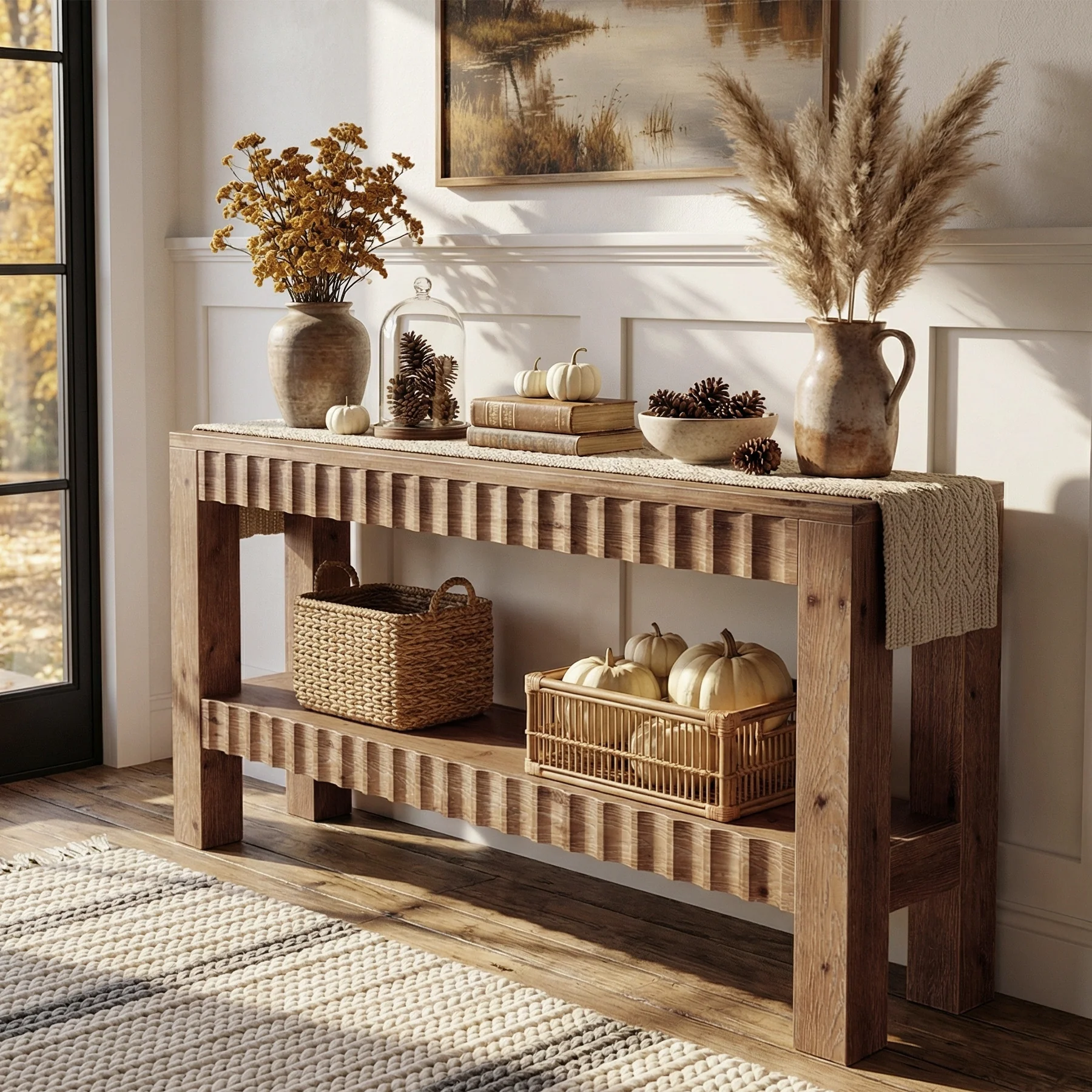 63" Console Table, Solid Wood Farmhouse Entryway Table with 2-Tier Storage - Image 8