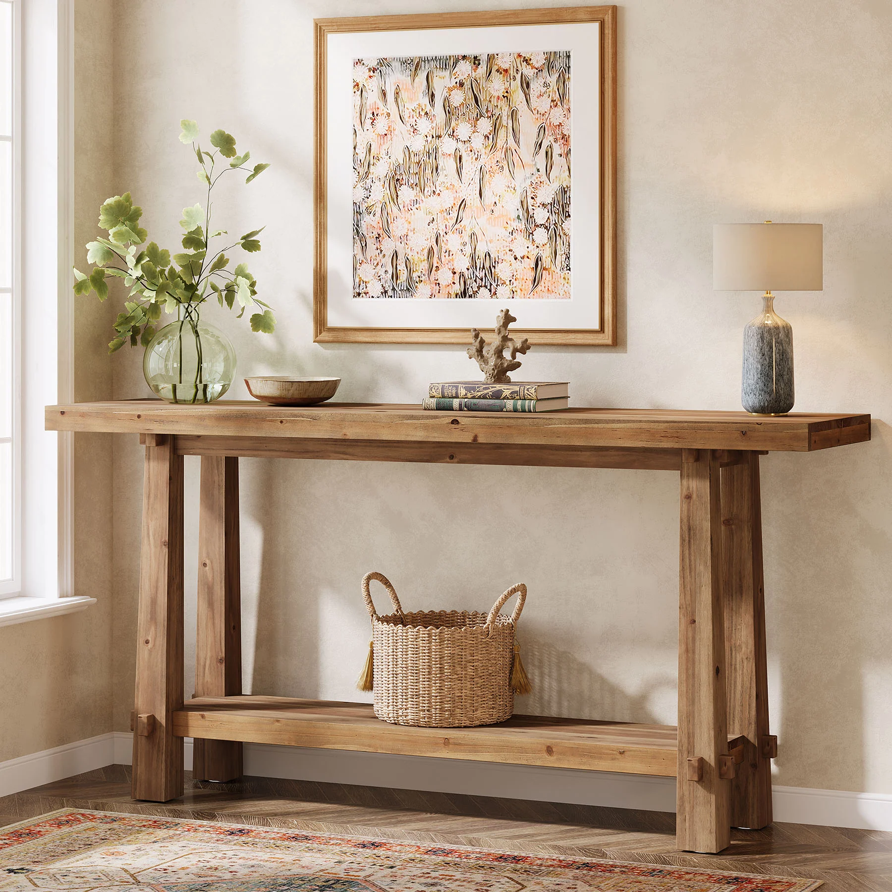 Tribesigns 63" Console Table, Farmhouse Solid Wood Entryway Sofa Table with 2-Tier Storage