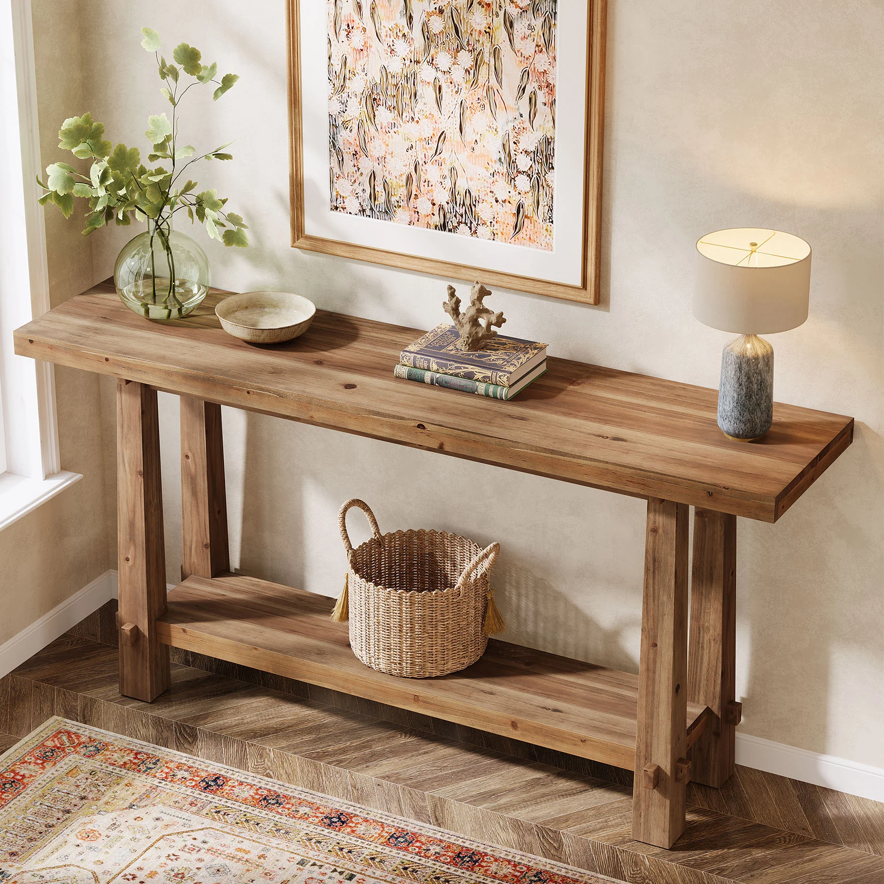 Tribesigns 63" Console Table, Farmhouse Solid Wood Entryway Sofa Table with 2-Tier Storage - Image 10
