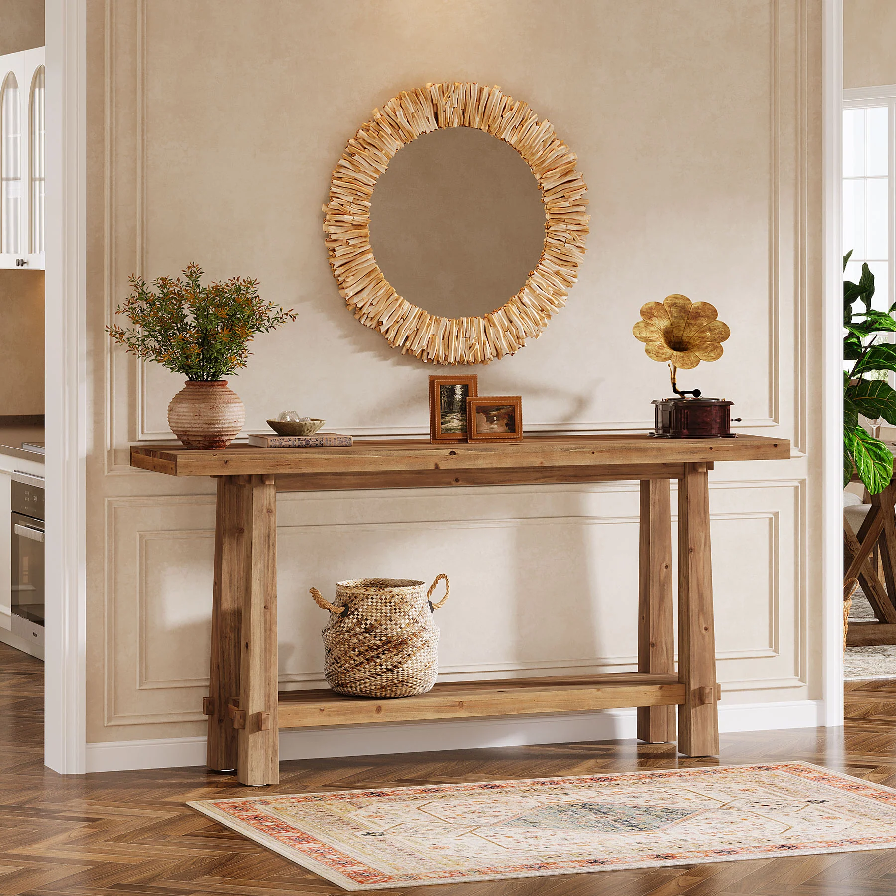 Tribesigns 63" Console Table, Farmhouse Solid Wood Entryway Sofa Table with 2-Tier Storage - Image 11