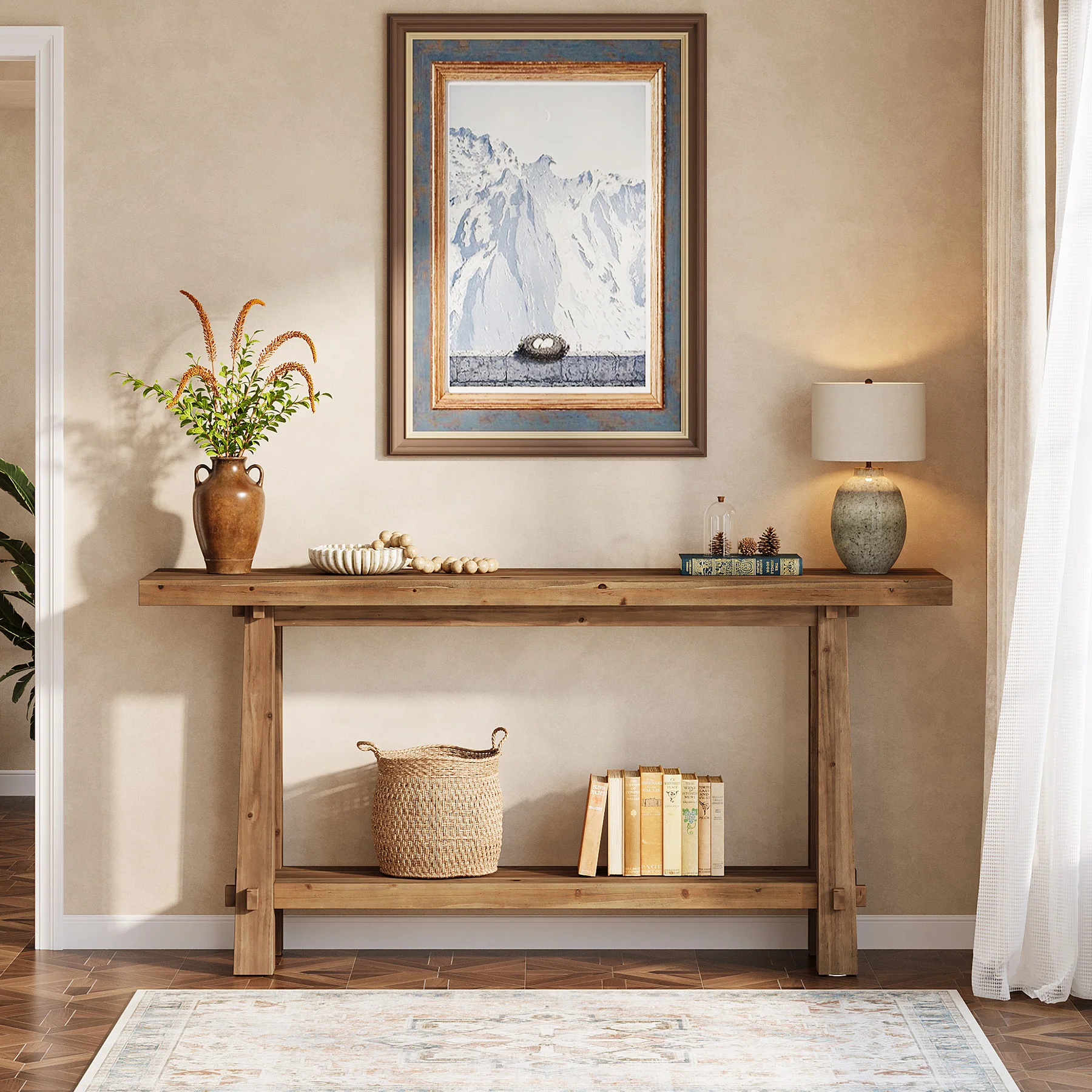 Tribesigns 63" Console Table, Farmhouse Solid Wood Entryway Sofa Table with 2-Tier Storage - Image 12