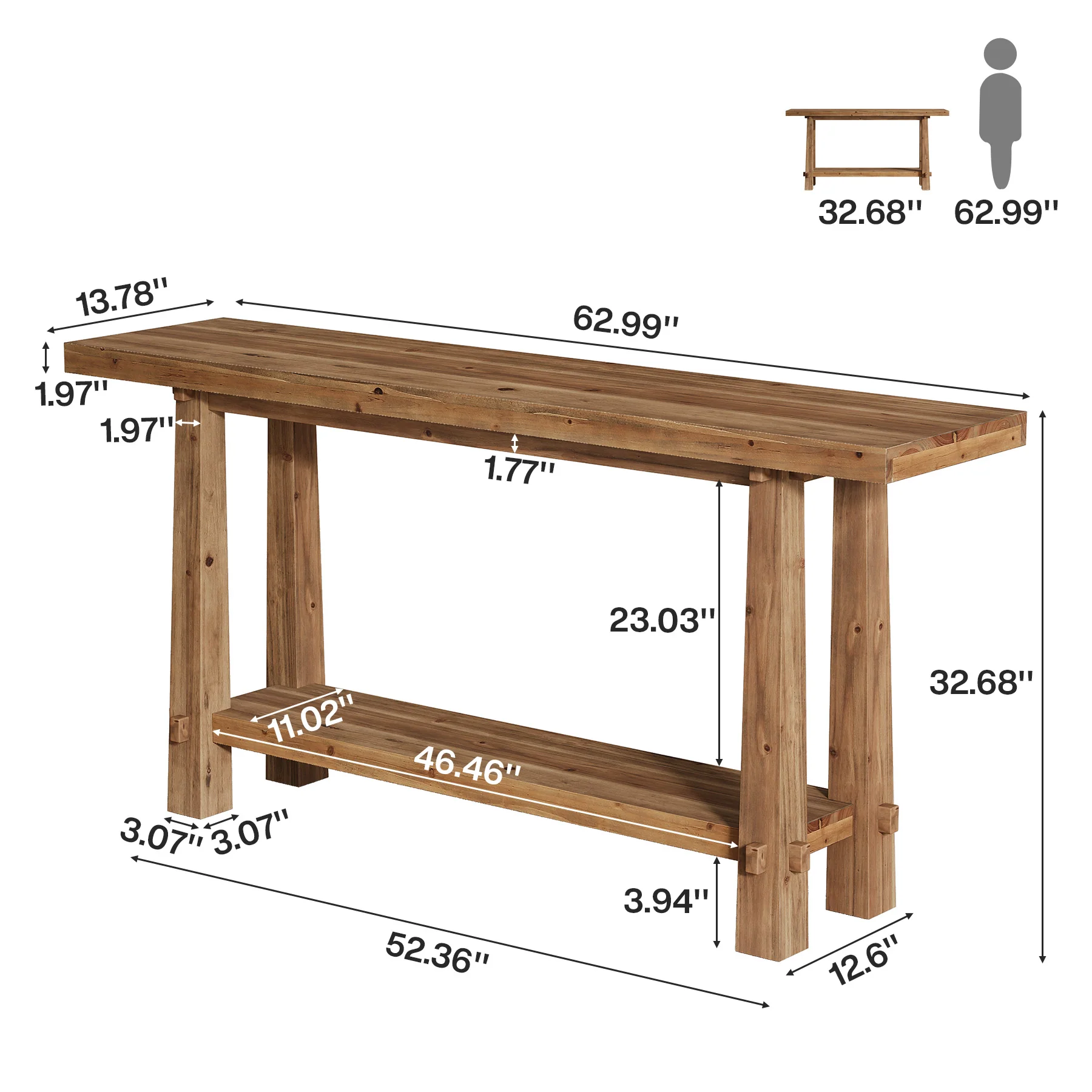 Tribesigns 63" Console Table, Farmhouse Solid Wood Entryway Sofa Table with 2-Tier Storage - Image 2