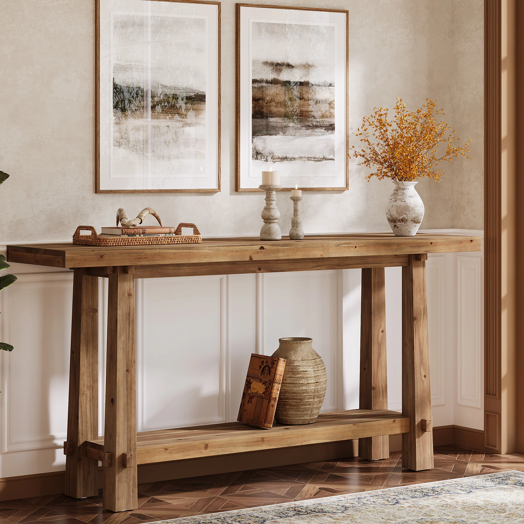 Tribesigns 63" Console Table, Farmhouse Solid Wood Entryway Sofa Table with 2-Tier Storage - Image 6