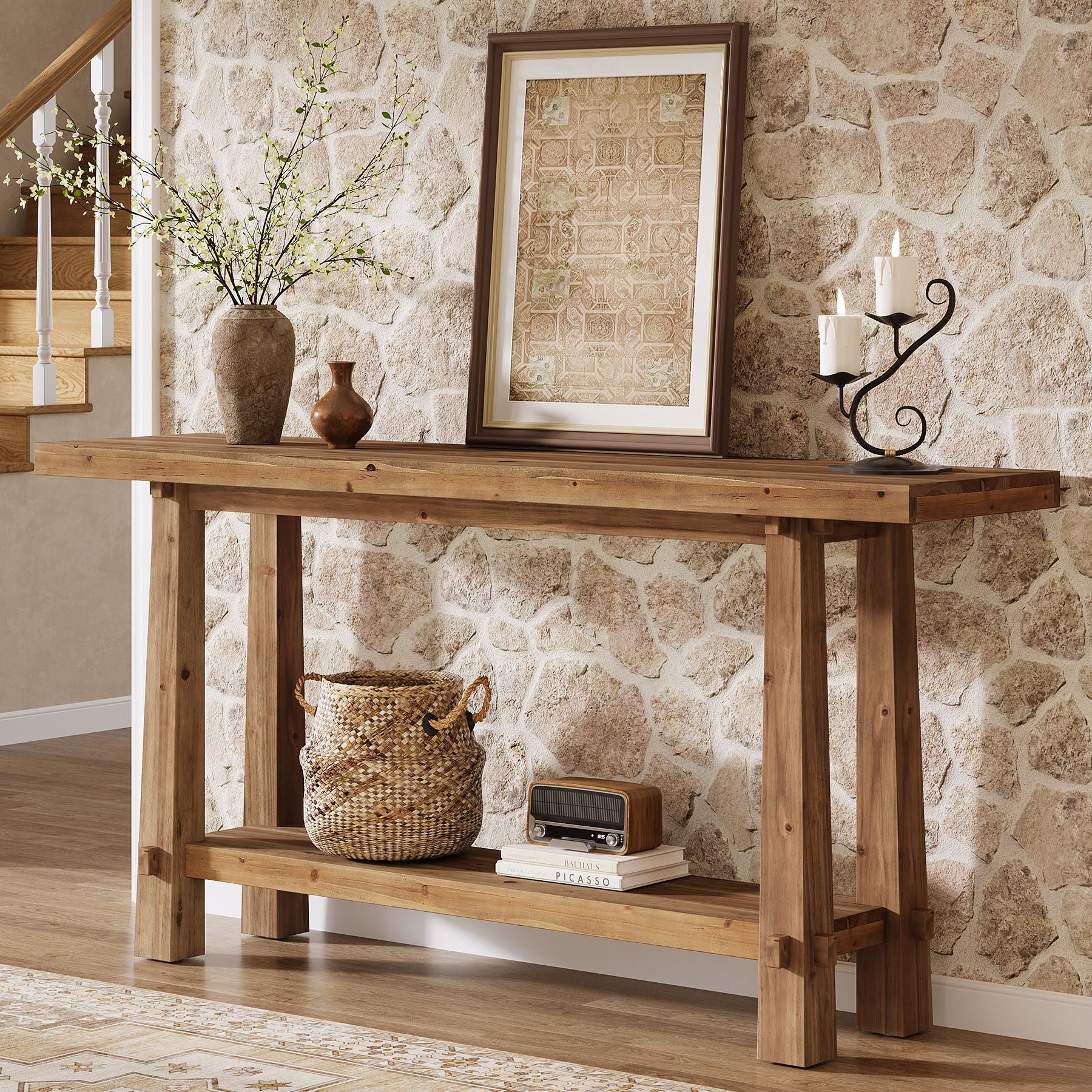 Tribesigns 63" Console Table, Farmhouse Solid Wood Entryway Sofa Table with 2-Tier Storage - Image 7